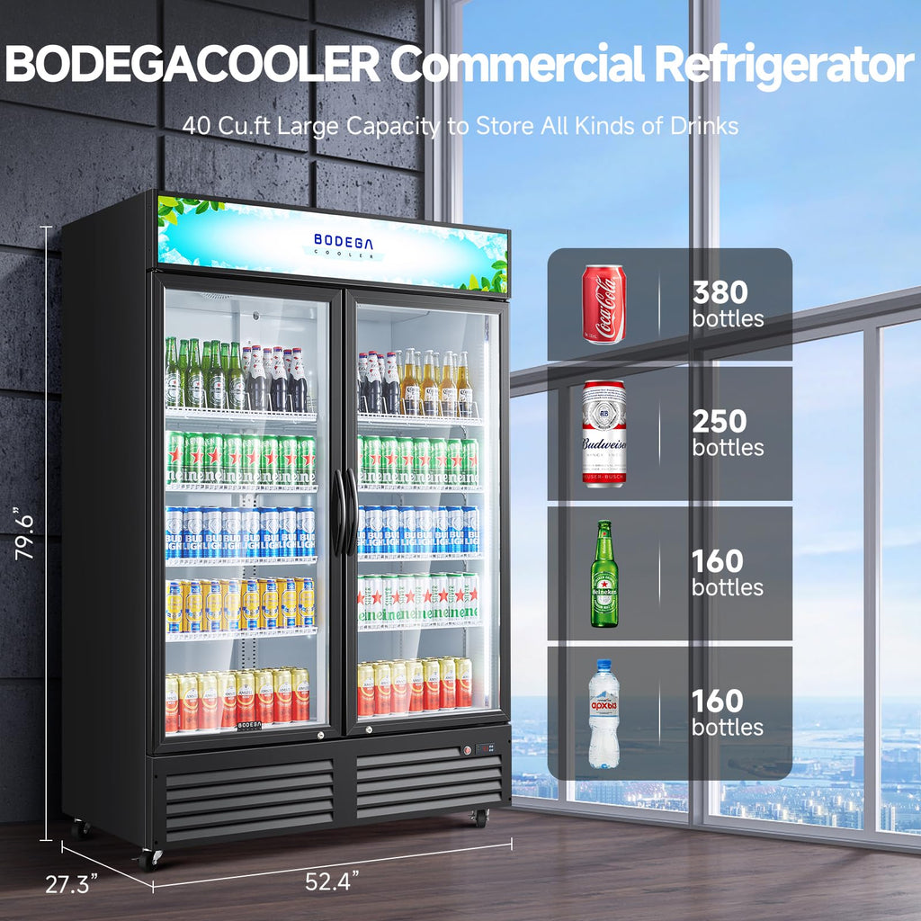 BODEGACOOLER Commercial Merchandiser Refrigerator, 27.02 Cu.Ft Double Glass Door Beverage Cooler, Upright Display Refrigerator with Soft LED Light, Adjustable Shelves, 4 Heavy-Duty Casters, Black