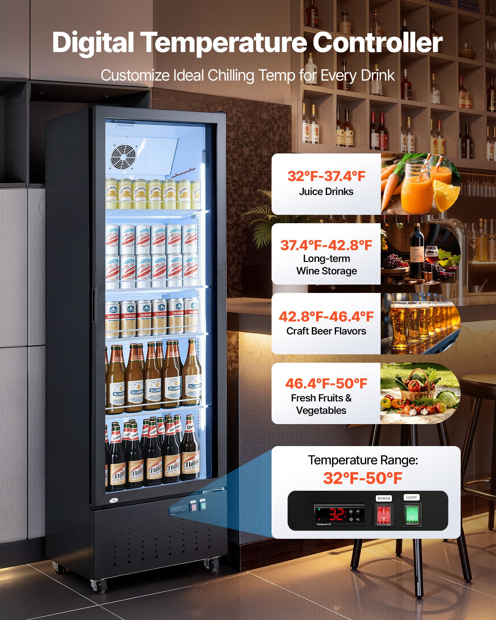 VEVOR Commercial Merchandiser Refrigerator, 6.9 Cu.Ft / 195L Glass Door Display Refrigerator, Upright Beverage Cooler Fridge with 4 Adjustable Shelves, Soft LED Light & Casters for Homes Shops Bars