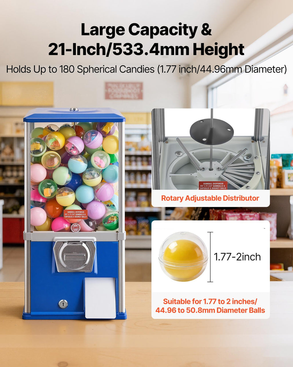 VEVOR Gumball Machine for Kids, 25" Height Home Vending Machine, PS Bouncy Balls Dispenser, Hold 230 Capsule Toys, Rectangle Bubble Gum Machine for Game Stores, Coin Operated Gumball Bank, Red
