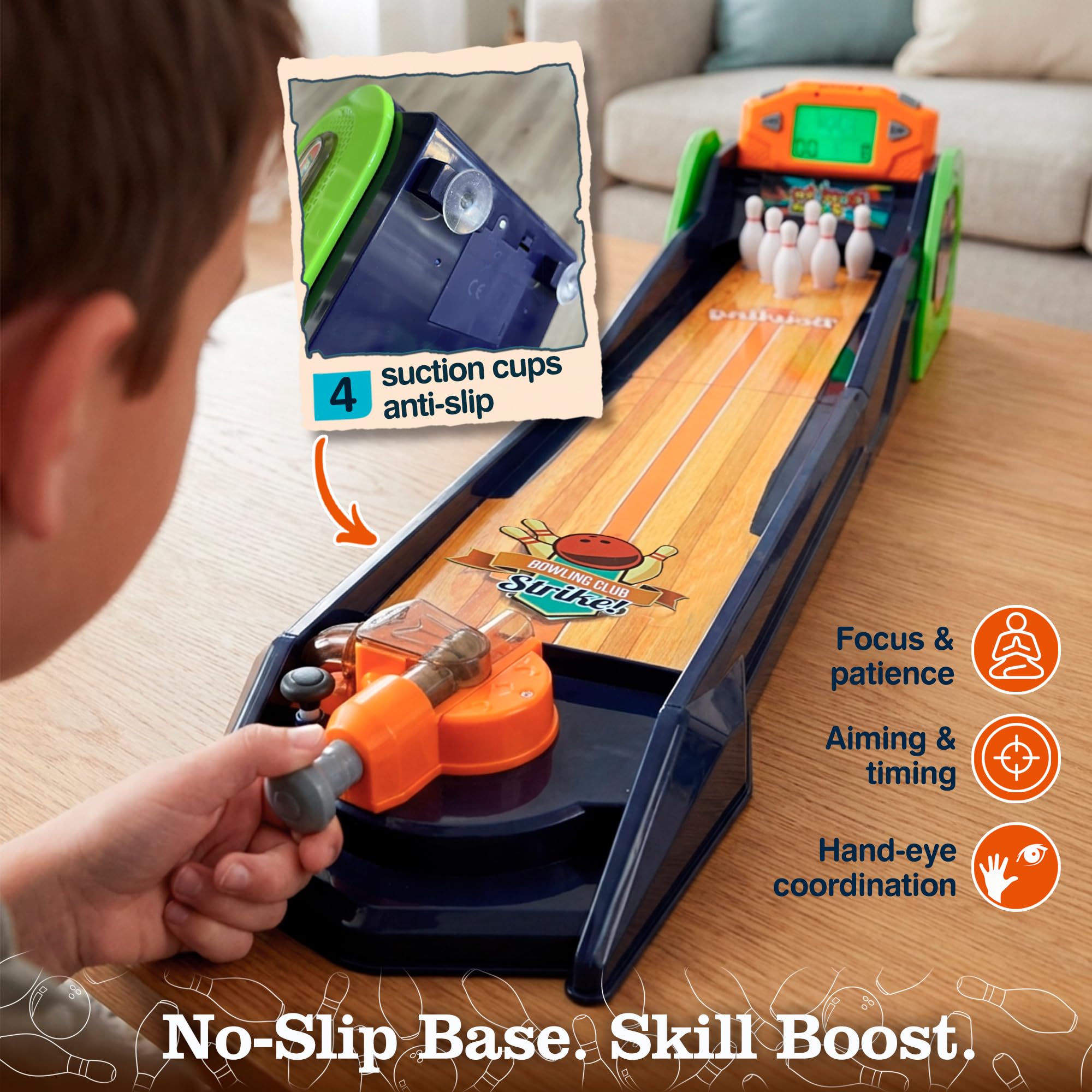 Bowling Game — Electronic Tabletop Arcade Game with LCD Auto Scoring, Lights & Sound, Spring-Loaded Launcher & 1-2 Player Modes — Mini Bowling Set for Kids