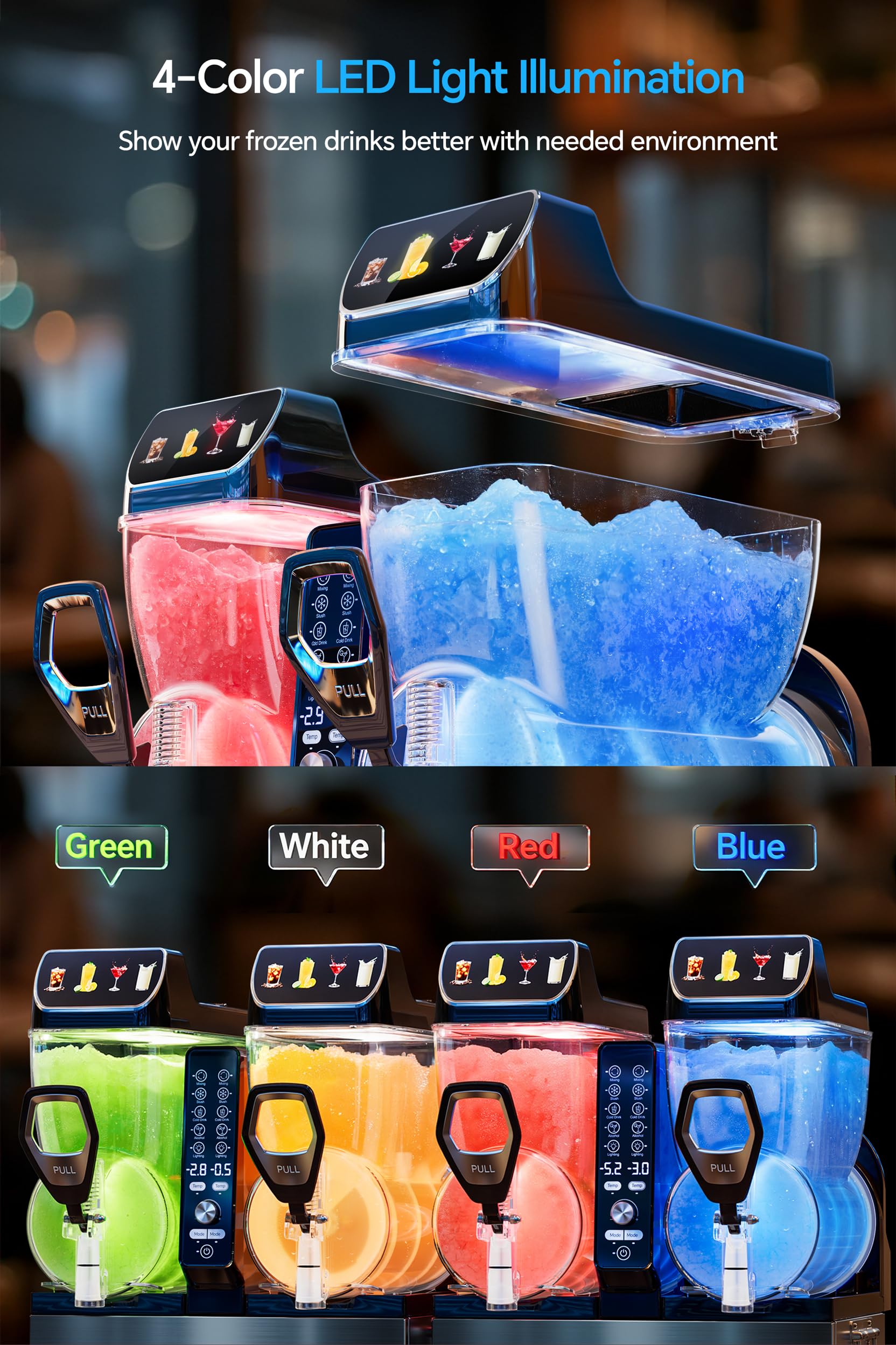 30L Commercial Slushie Machine, 2-Tank Frozen Drink Maker for Margarita Daiquiri Wine Frappe, 8 Gal LED Stand-up Slush Dispenser, Bar Restaurant Party, 1000W Fast Cool, Auto Clean, ETL Listed