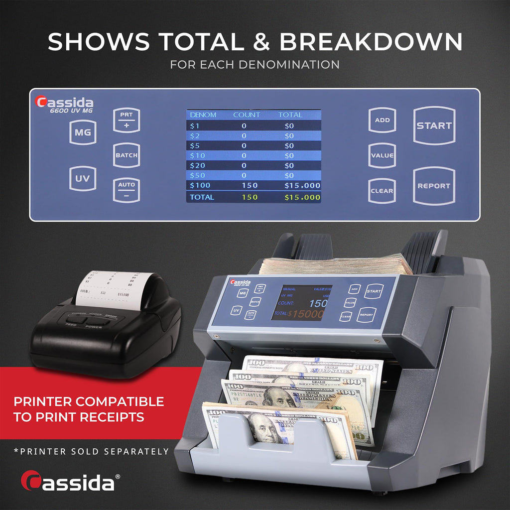 Cassida 9900R V2 2-Pocket Premium Bank Grade Money Counter Machine Mixed Denomination, Bill Sorter, Value Counting, Printer Enabled, 2 CIS, UV/MG, IR/IT Counterfeit Detection with Built-in Printer