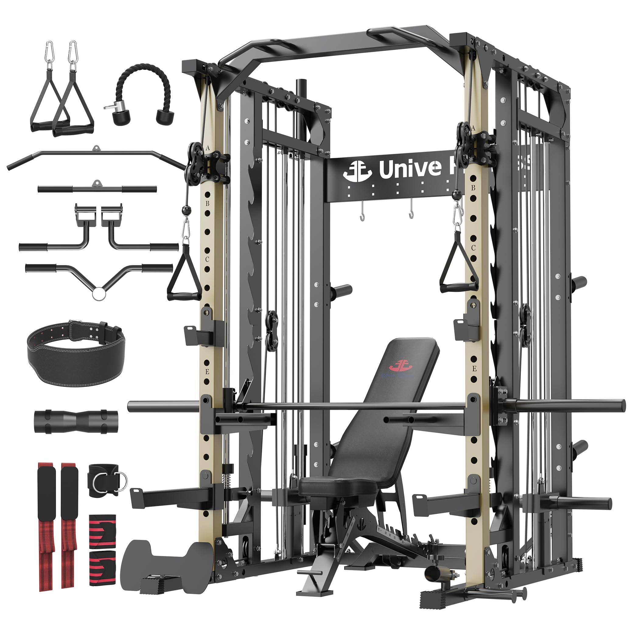 Unive Fitness Smith Machine, Commercial-Grade All-in-One Home Gym Power Cage with Squat Rack, Dual Cable Crossover & Pulley System, Complete Attachments for Full Body Workouts