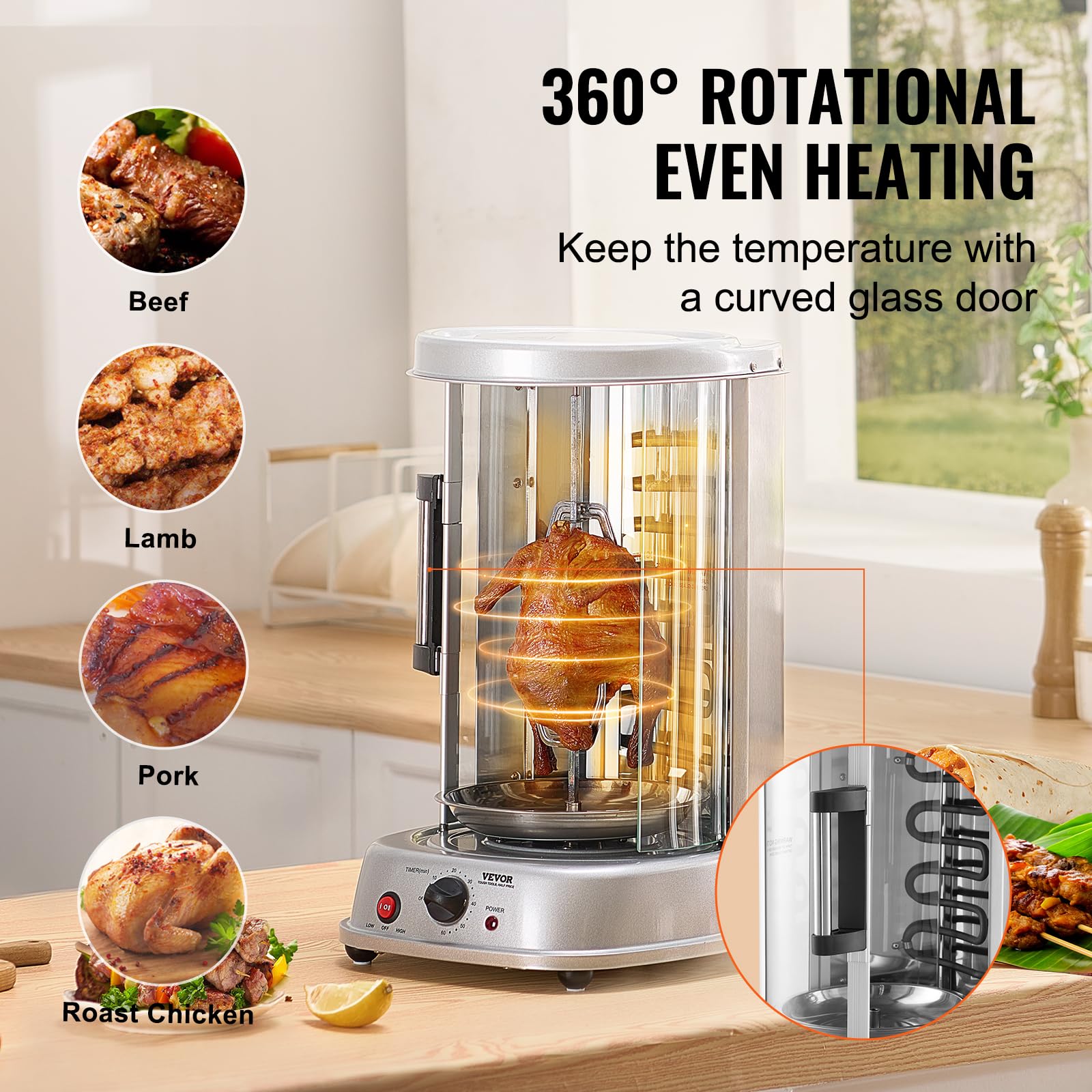 VEVOR Shawarma Grill Machine, Chicken Shawarma Cooker Machine Countertop, Electric Stainless Steel Broiler Gyro Rotisserie Oven Doner Kebab Machine, for Home Restaurant Kitchen Parties