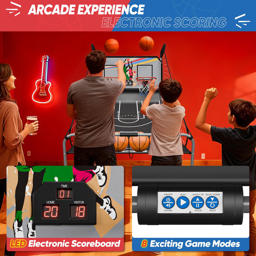 Basketball Arcade Game Shot Creator Indoor Foldable Electronic Double Shootout Sport Game Official Home Dual Shot Basketball 2 Player with 4 Balls (Black Purple)