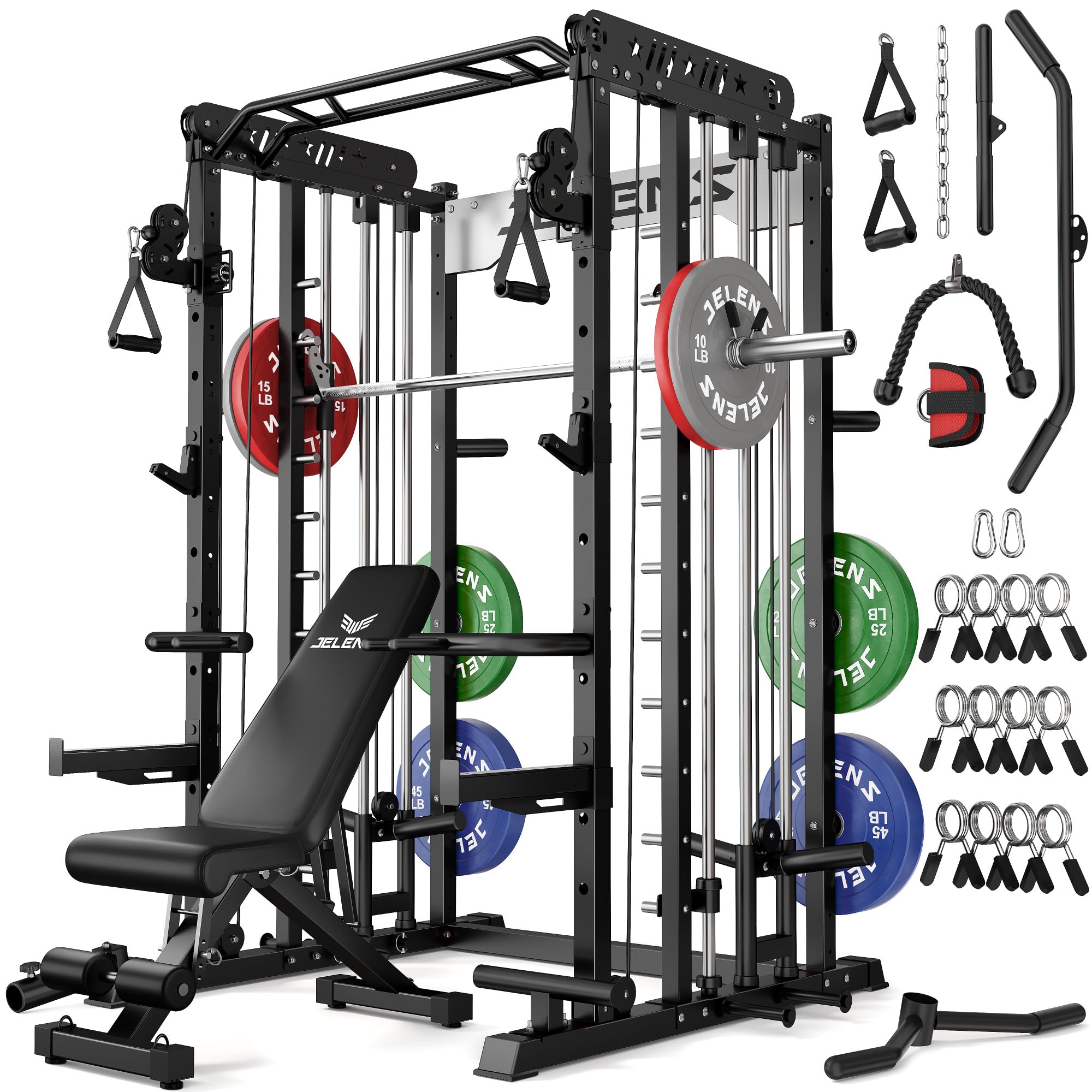 JELENS Smith Machine for Home Gym, Multi-Function M12 Power Cage with Cable Crossover System, Squat Rack with Smith Bar and More Attachment