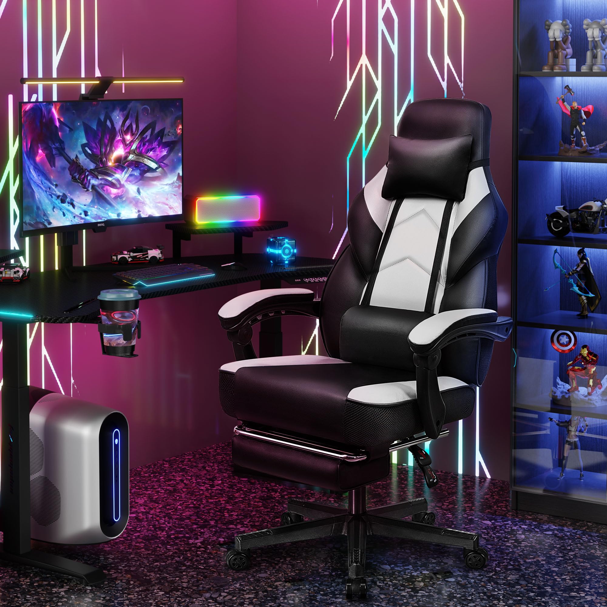 Gaming Chair for Adult, Computer Chair with Footrest Video Game Chair Big and Tall Gaming Chair with Massage Lumbar Support, Adjustable Height and 360° Swivel Seat(Grey)