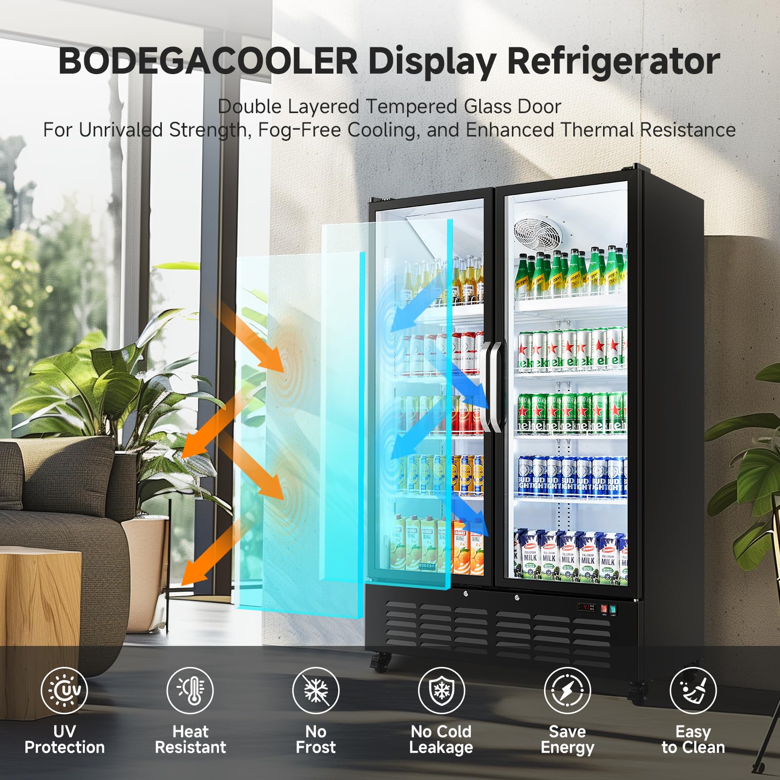 BODEGACOOLER Commercial Merchandiser Refrigerator, 27.02 Cu.Ft Double Glass Door Beverage Cooler, Upright Display Refrigerator with Soft LED Light, Adjustable Shelves, 4 Heavy-Duty Casters, Black