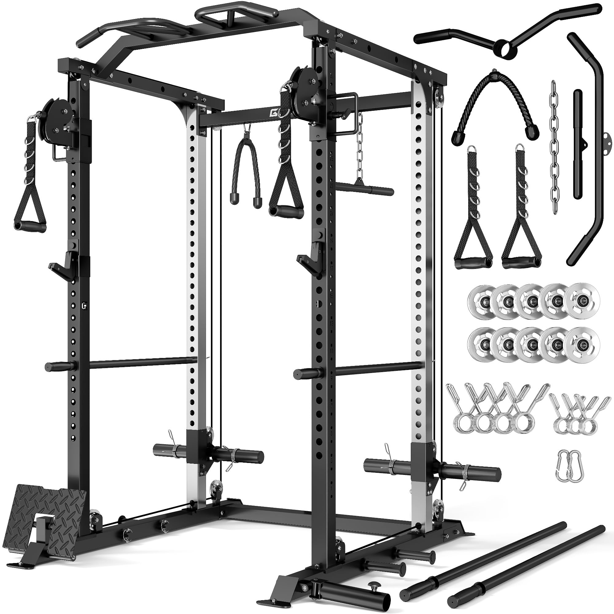 DP01 Power Cage, 2000LBS Squat Rack with with Cable Crossover and Dual Independent Pulley System, Full Cage for Full Body Training, Power Rack with More Training Attachments for Home Gym
