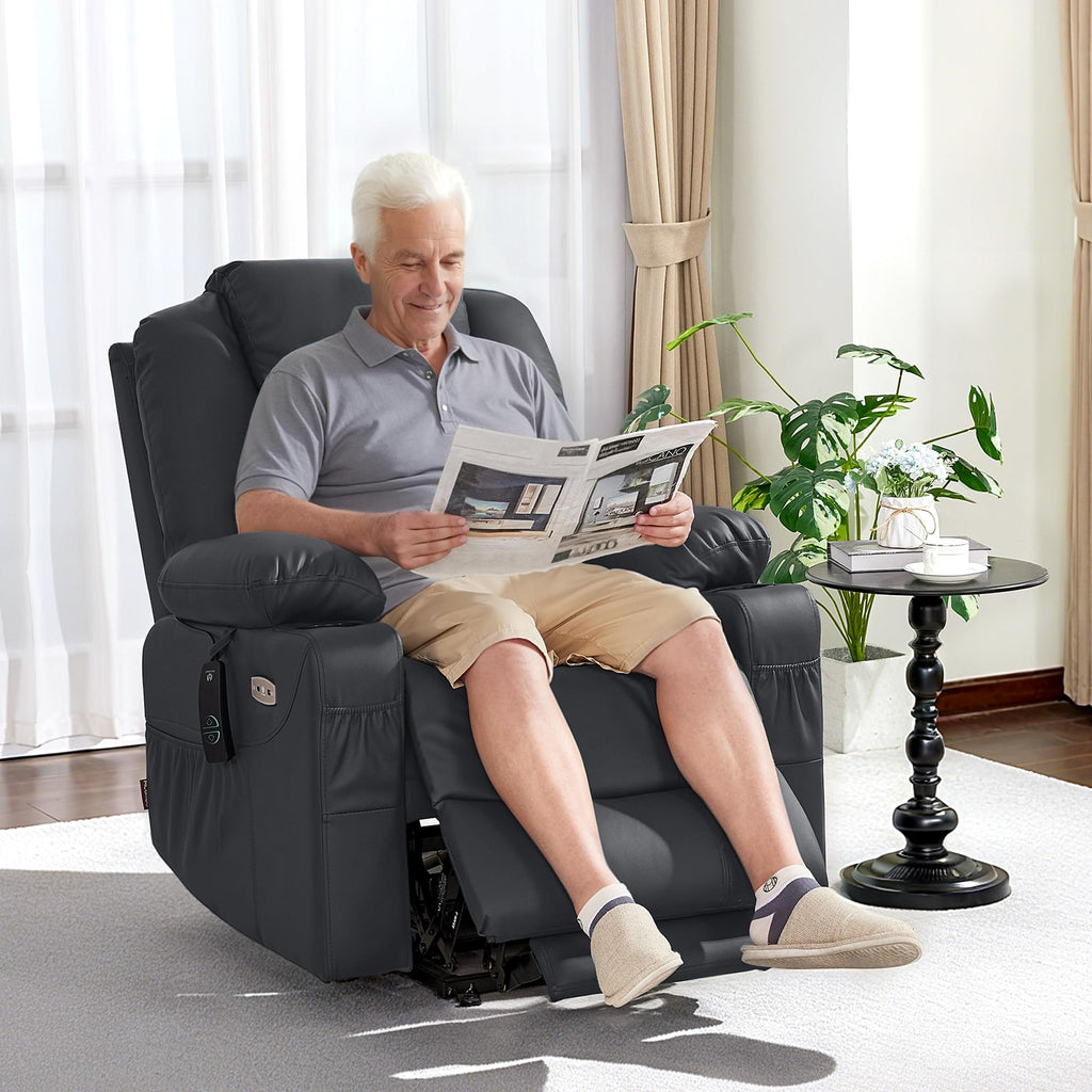 MCombo Electric Power Lift Recliner Chair Sofa with Massage and Heat for Elderly, 3 Positions, 2 Side Pockets, and Cup Holders, USB Ports, Faux Leather 7040 (Grey, Medium)