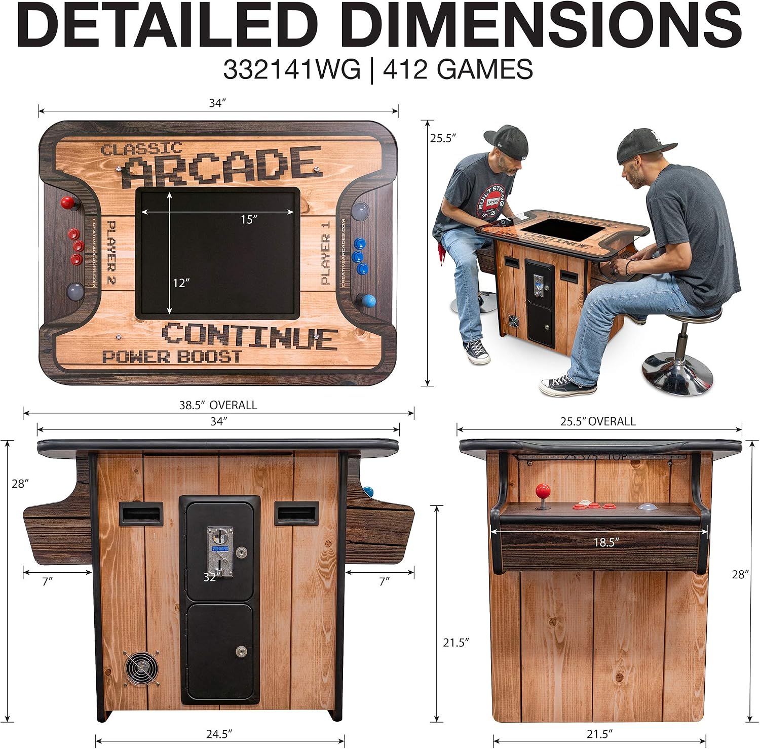 Creative Arcades Full Size Commercial Grade Cocktail Arcade Machine | 2 Player | 412 Games | 19" LCD Screen | Square Glass Top | LED Lights | 2 Sanwa Joysticks | 2 Stools | 3 Year Warranty Parts only