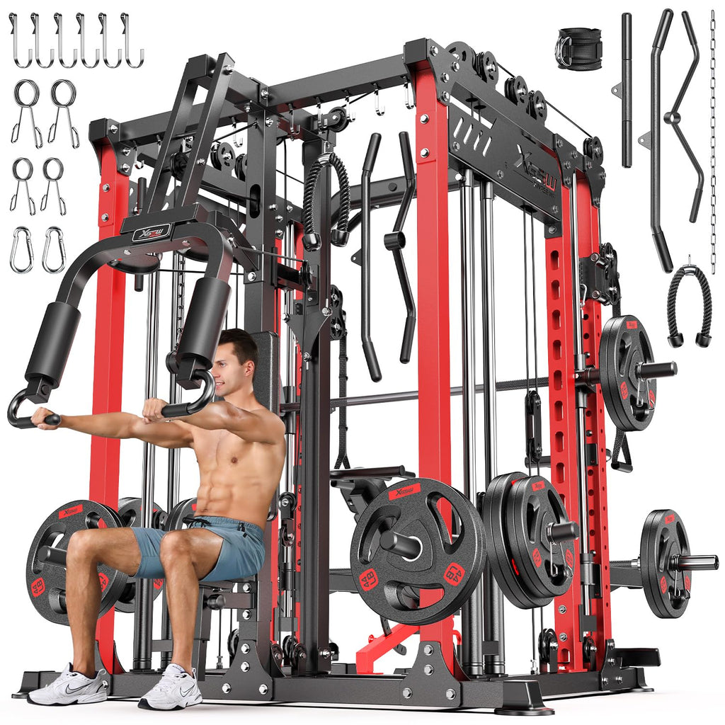 Smith Machine with Cable Crossover System, Multi-Function Power Cage Squat Rack for Home Gym, Power Rack and Packages Weight Sets.