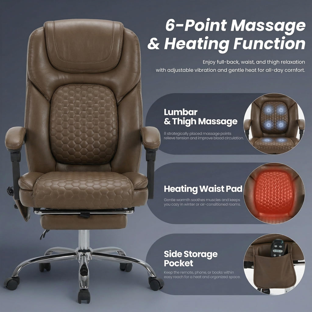 MALOL Massage Office Chair with Heat and Footrest - 3-Level 65°C Targeted Heating, 20-Min Easy Assembly Leather Desk Chair, Big and Tall Executive Computer Chair with Side Pocket, 300 lbs, Beige