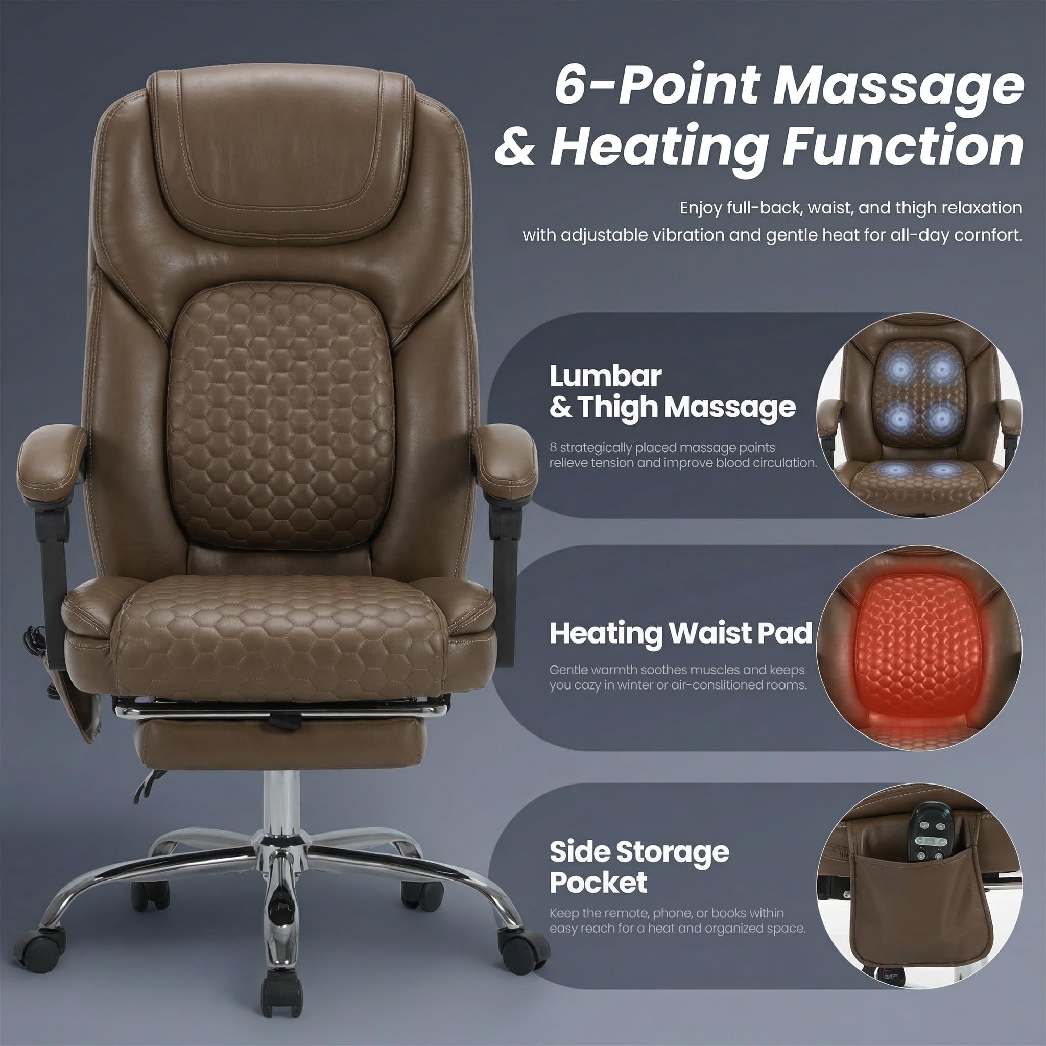 MALOL Massage Office Chair with Heat and Footrest - 3-Level 65°C Targeted Heating, 20-Min Easy Assembly Leather Desk Chair, Big and Tall Executive Computer Chair with Side Pocket, 300 lbs, Beige
