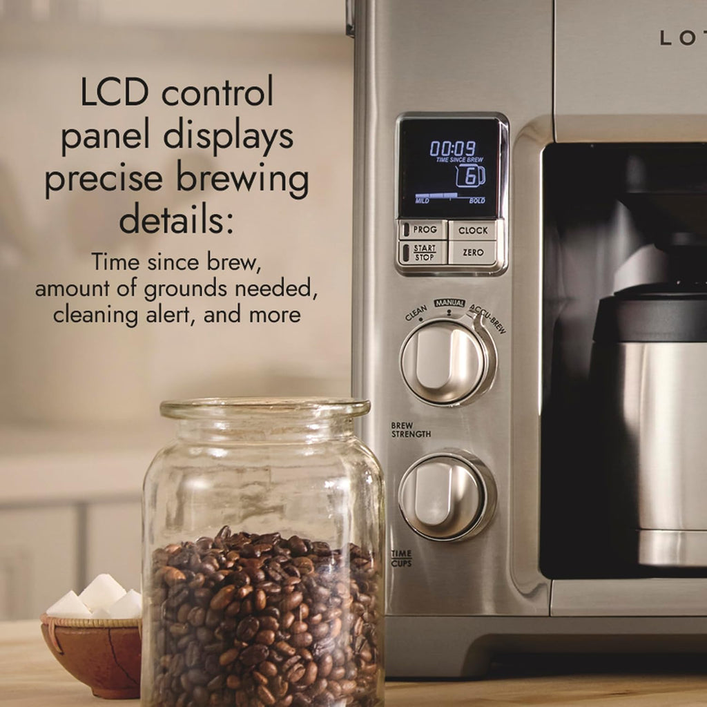 Lotus Coffee Maker with Grounds Scale, Programmable 10-Cup Coffee Maker, The Top Drip, 1500 Watts, Stainless Steel, Professional Series, LTSCM500