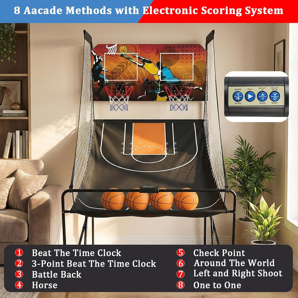 Foldable Dual Shot Basketball Arcade Game for Game Room | Folding 2 Player Indoor Basketball Shooting Game with 4 Balls, Dual Hoops, Inflation Pump, Electronic Scoreboard, 8 Game Modes