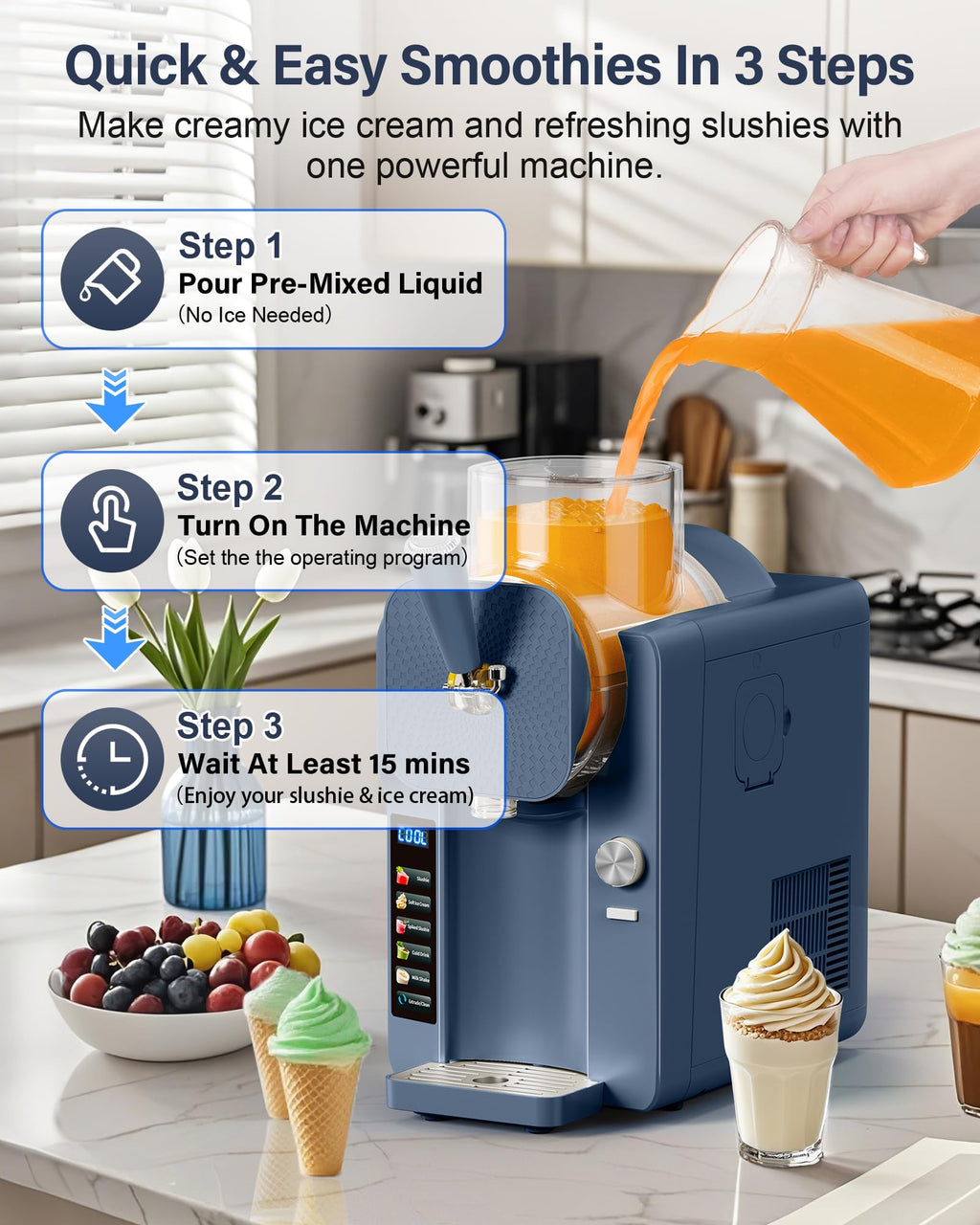 Slush Machine & Ice Cream Maker Machine 2-IN-1, 6 Modes for Smoothies, Milkshakes, Cocktails, Margarita, and Ice Cream, Double-Layer Tank, With Ice Cream Cone Holder, Self-Cleaning, For Home Use
