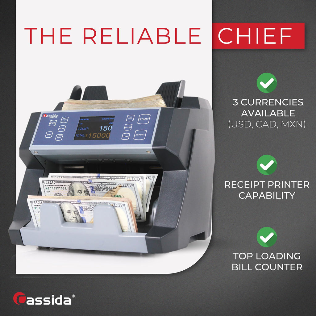 Cassida 9900R V2 2-Pocket Premium Bank Grade Money Counter Machine Mixed Denomination, Bill Sorter, Value Counting, Printer Enabled, 2 CIS, UV/MG, IR/IT Counterfeit Detection with Built-in Printer