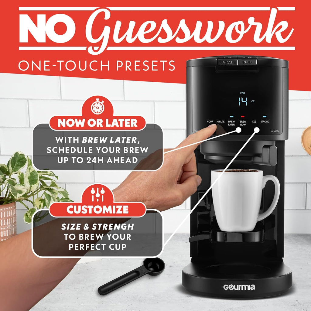 Gourmia 2-in-1 Single Serve and 12 Cup Coffee Maker - Drip Brew, K-Cup Compatible, Programmable, Pause and Serve, Removable Filter, Thermal Carafe, Black