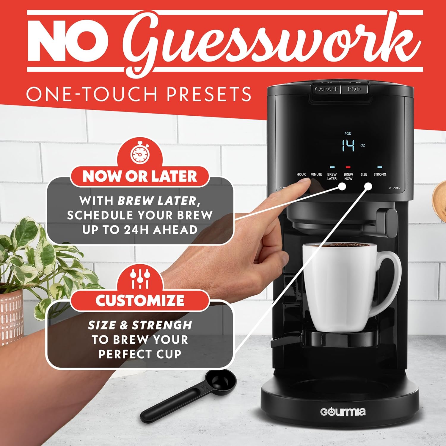 Gourmia 2-in-1 Single Serve and 12 Cup Coffee Maker - Drip Brew, K-Cup Compatible, Programmable, Pause and Serve, Removable Filter, Thermal Carafe, Black