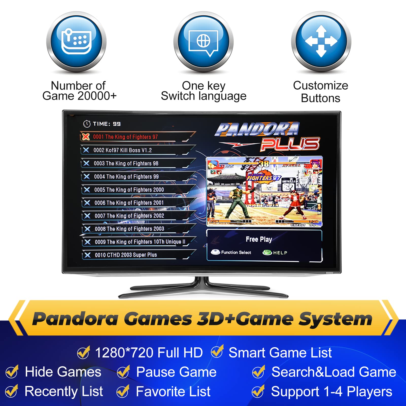 Pandora Box Console 32000 Arcade Games in 1,Retro Game Machine for TV PC Projector, Supports Up to 4 Players, Full HD Output, Search, Save, Hide, Favorites List