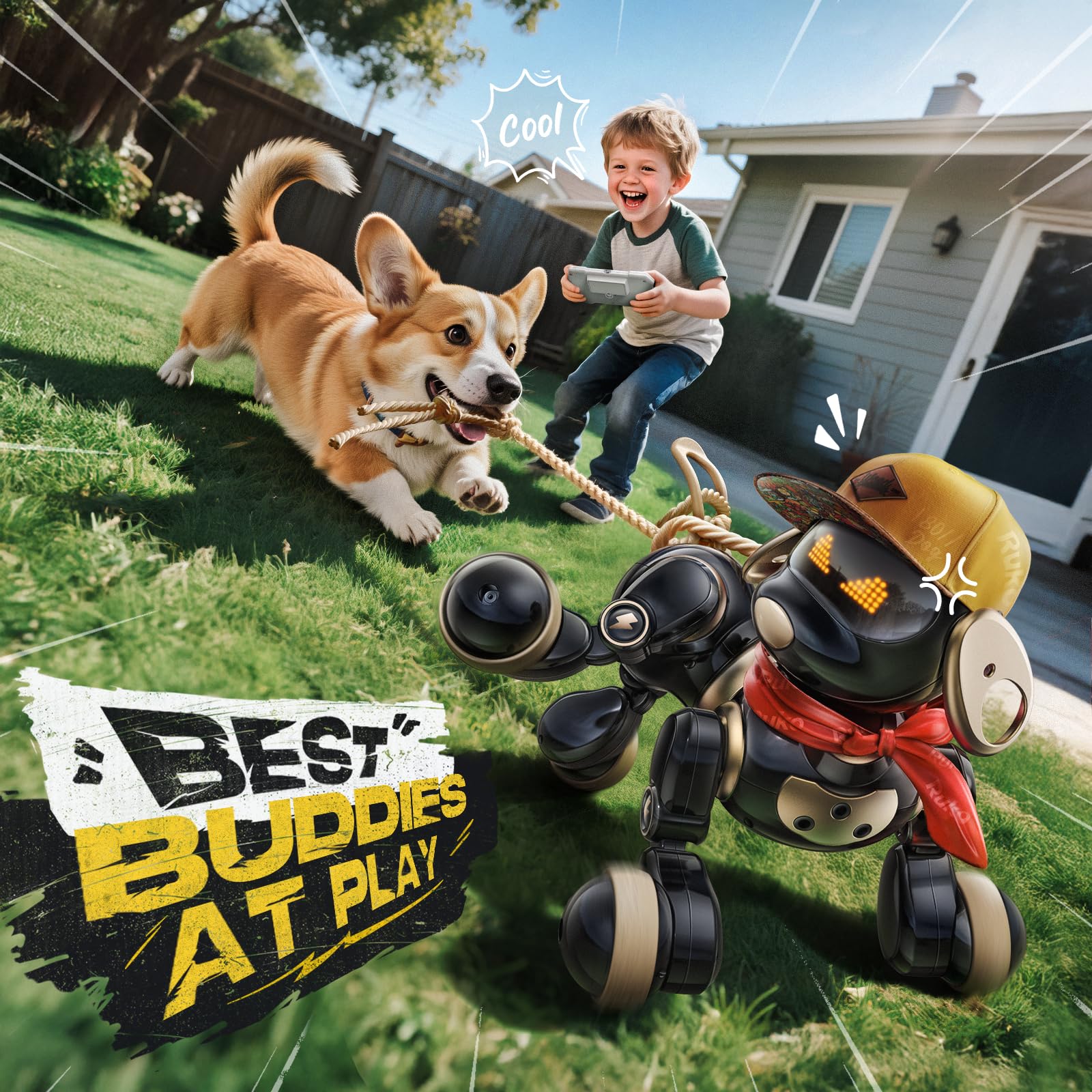 Ruko 18011 Robot Dog Toy, Smart Interactive Puppy with 30+ LED Faces, Remote & Gesture Control, Programmable Electronic Pet for Kids Ages 3–8, Black & Gold