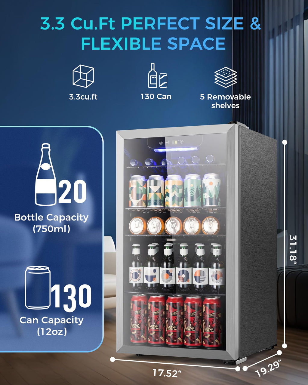 Electactic 50 Cans Beverage Refrigerator Cooler, 1.3 Cu.ft Mini Fridge Countertop Drink Cooler with Glass Door for Beer, Soda,Wine, Adjustable Digital Temperature Control for Home Dorm Bar, Black