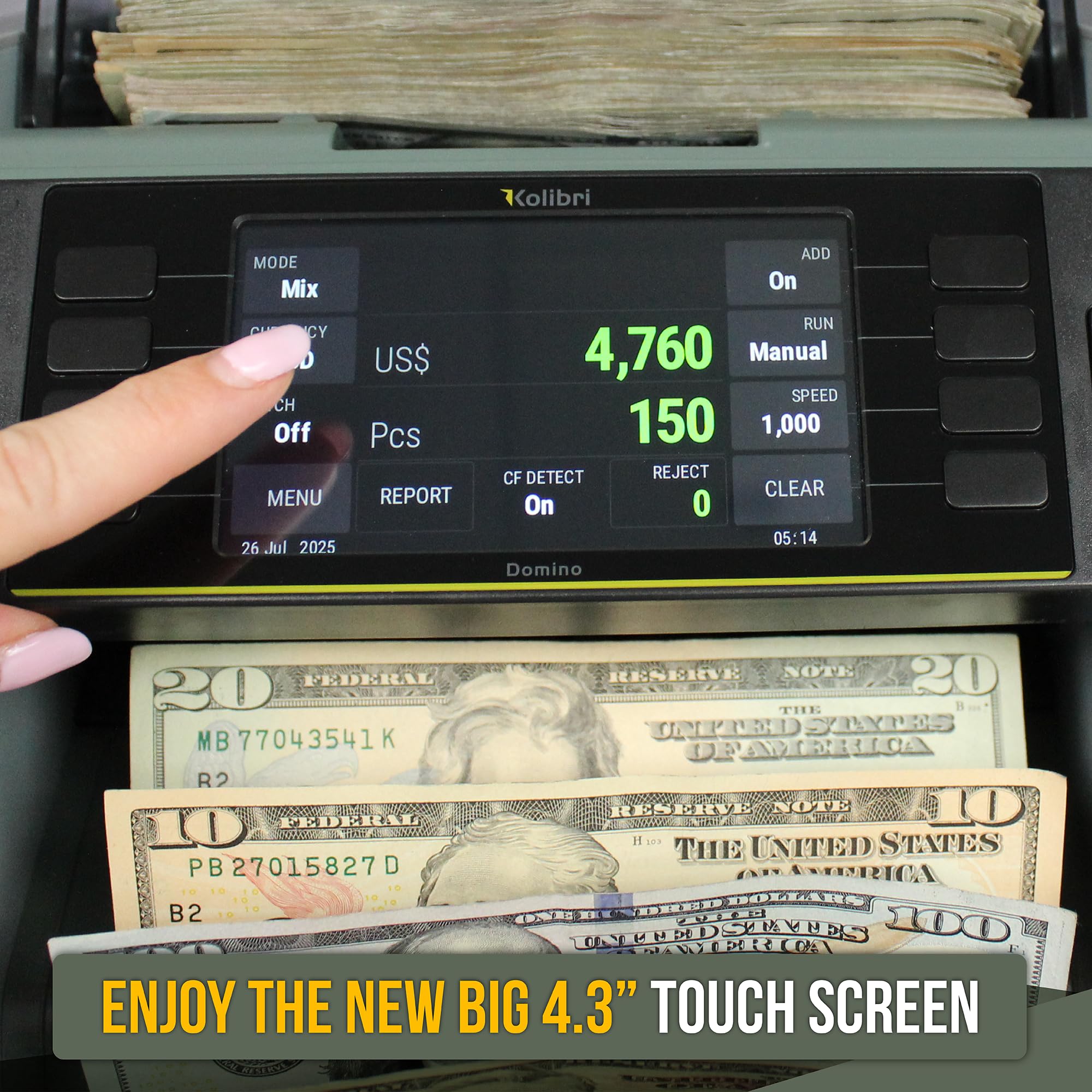 KOLIBRI Money Counter Machine I LCD Display I Business Grade I Dollar, Euro I Advanced UV/MG/IR/DD/HLF Detection I Single Denomination Value Count I 1,500 Notes/Min I 1-Year Warranty I KOLIBRI UV/MG