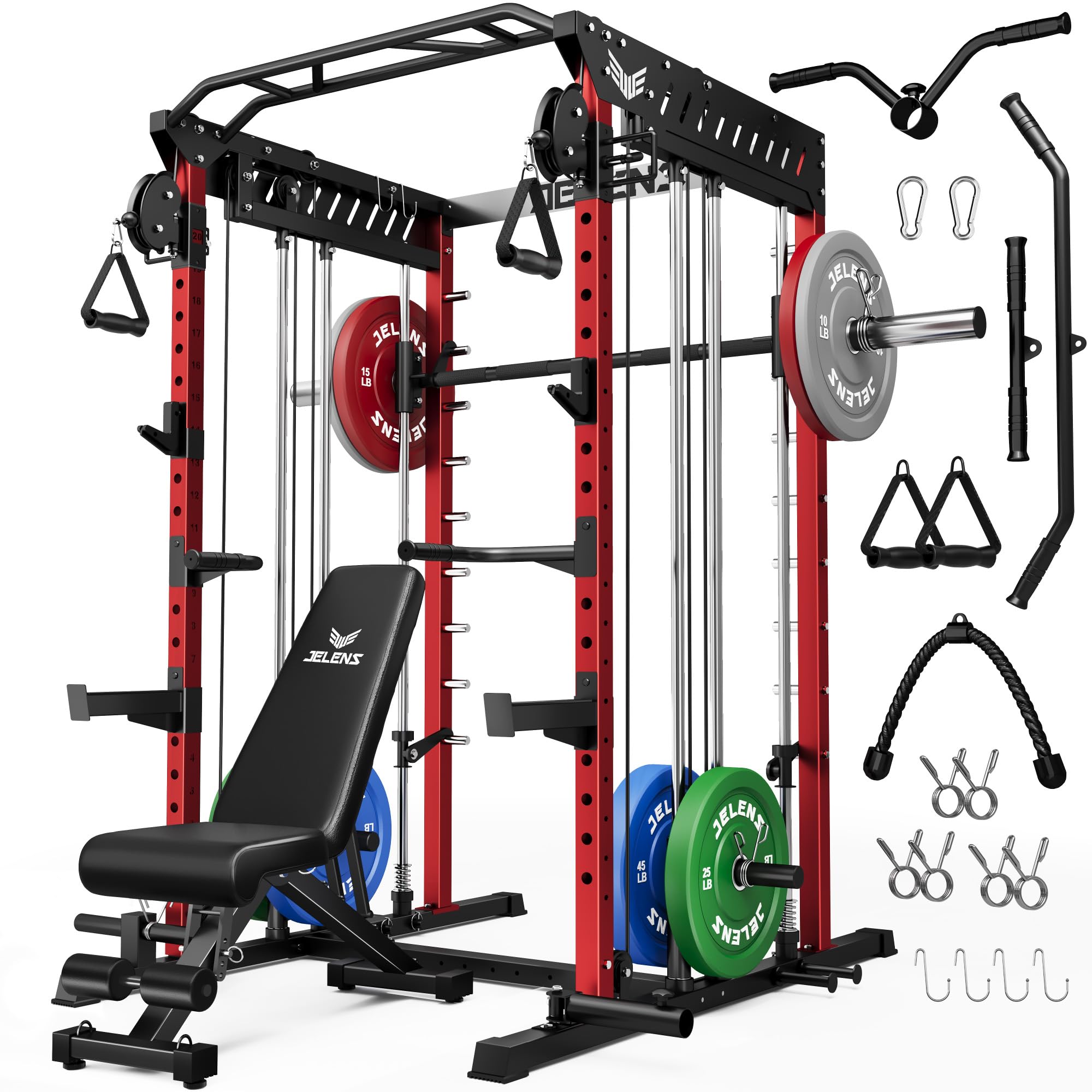 JELENS M21 Smith Machine, Multi-Function Power Cage with Dual Pulley Cable Crossover System, 2000LBS All-in-One Squat Rack with Smith Bar and Attachments for Home Gym