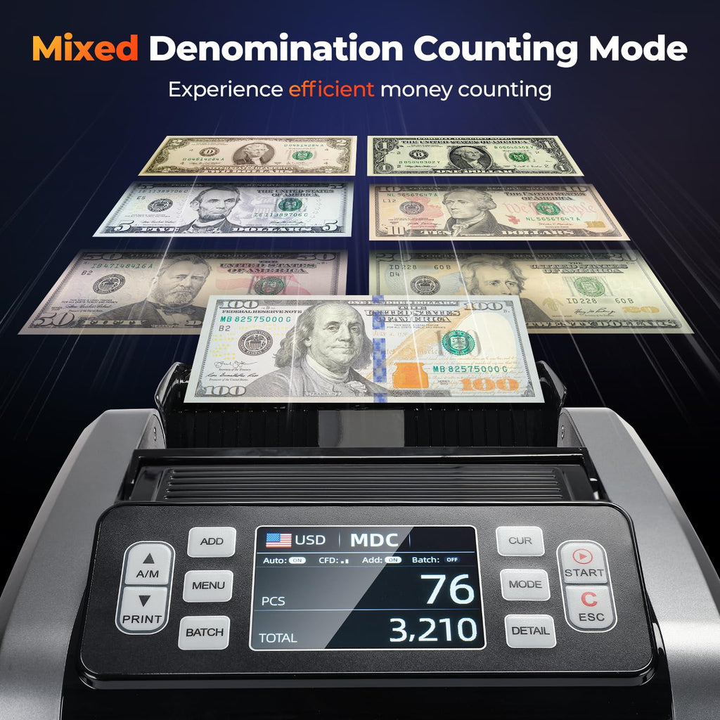 MUNBYN IMC09 Mixed Denomination Money Counter Machine, Value Counting, UV/MG/IR/MT Bill Counter, 3.5" TFT Display Money Counting Machine, USD, EUR, MXN, CAD Cash Counter for Business (White)