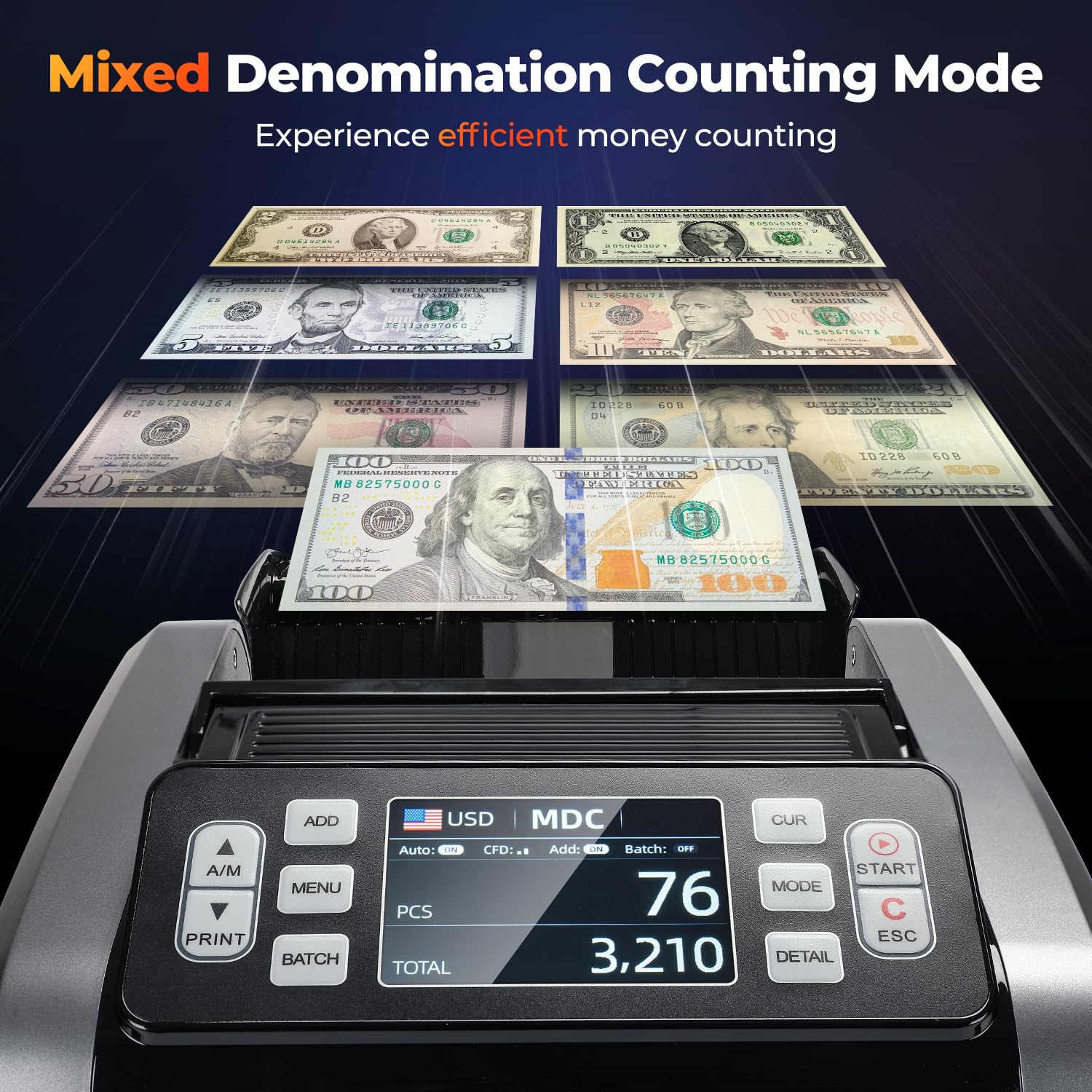 MUNBYN IMC09 Mixed Denomination Money Counter Machine, Value Counting, UV/MG/IR/MT Bill Counter, 3.5" TFT Display Money Counting Machine, USD, EUR, MXN, CAD Cash Counter for Business (White)