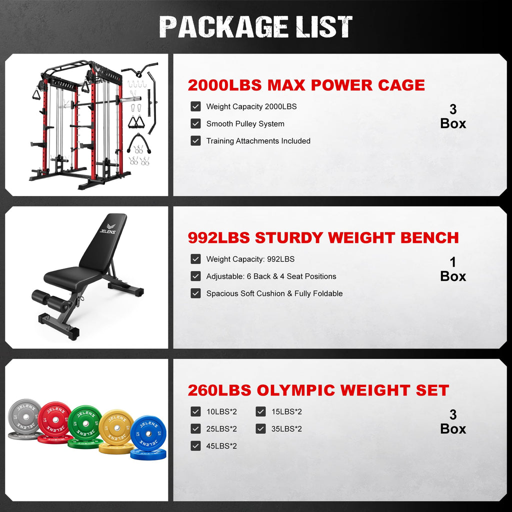 JELENS M21 Smith Machine, Multi-Function Power Cage with Dual Pulley Cable Crossover System, 2000LBS All-in-One Squat Rack with Smith Bar and Attachments for Home Gym