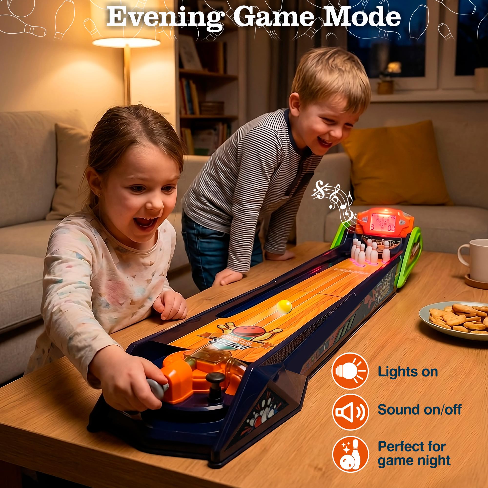 Bowling Game — Electronic Tabletop Arcade Game with LCD Auto Scoring, Lights & Sound, Spring-Loaded Launcher & 1-2 Player Modes — Mini Bowling Set for Kids