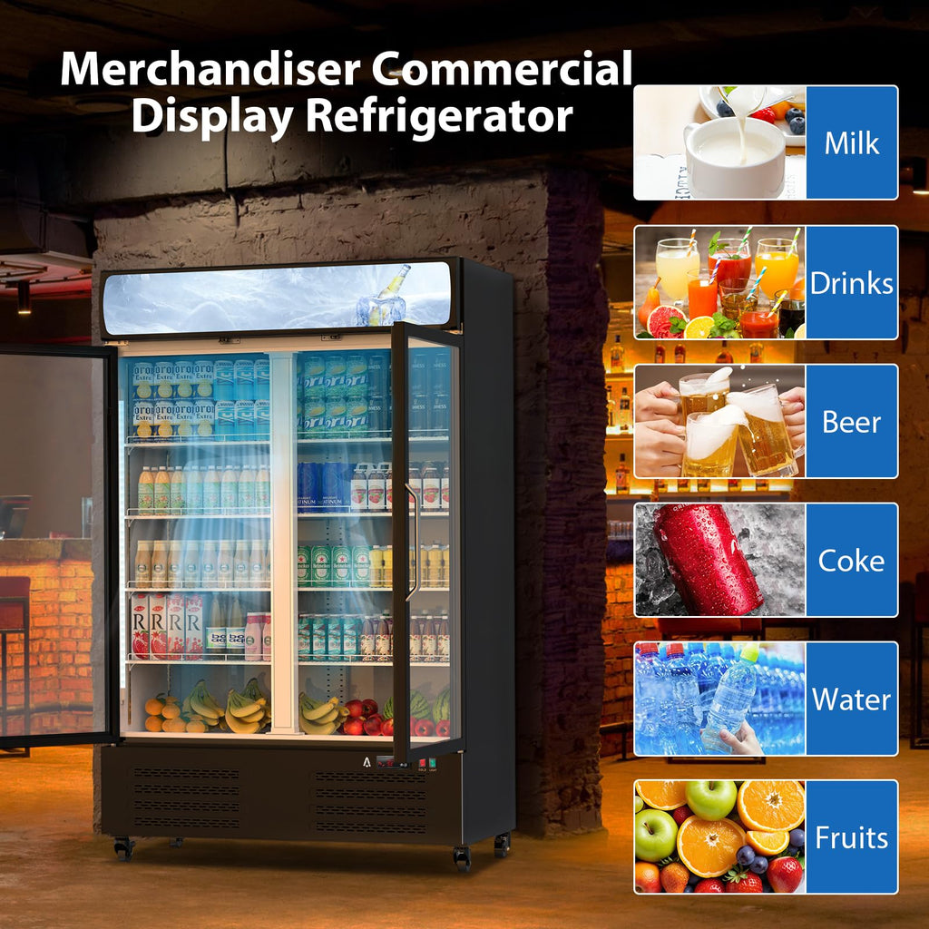 IDEALHOUSE Commercial Refrigerator, Commercial Merchandiser 26.8 Cu Ft Refrigerator, Refrigerator with 2 Glass Door and LED Light, Large Business Cooler for Home Restaurant Grocery Stores