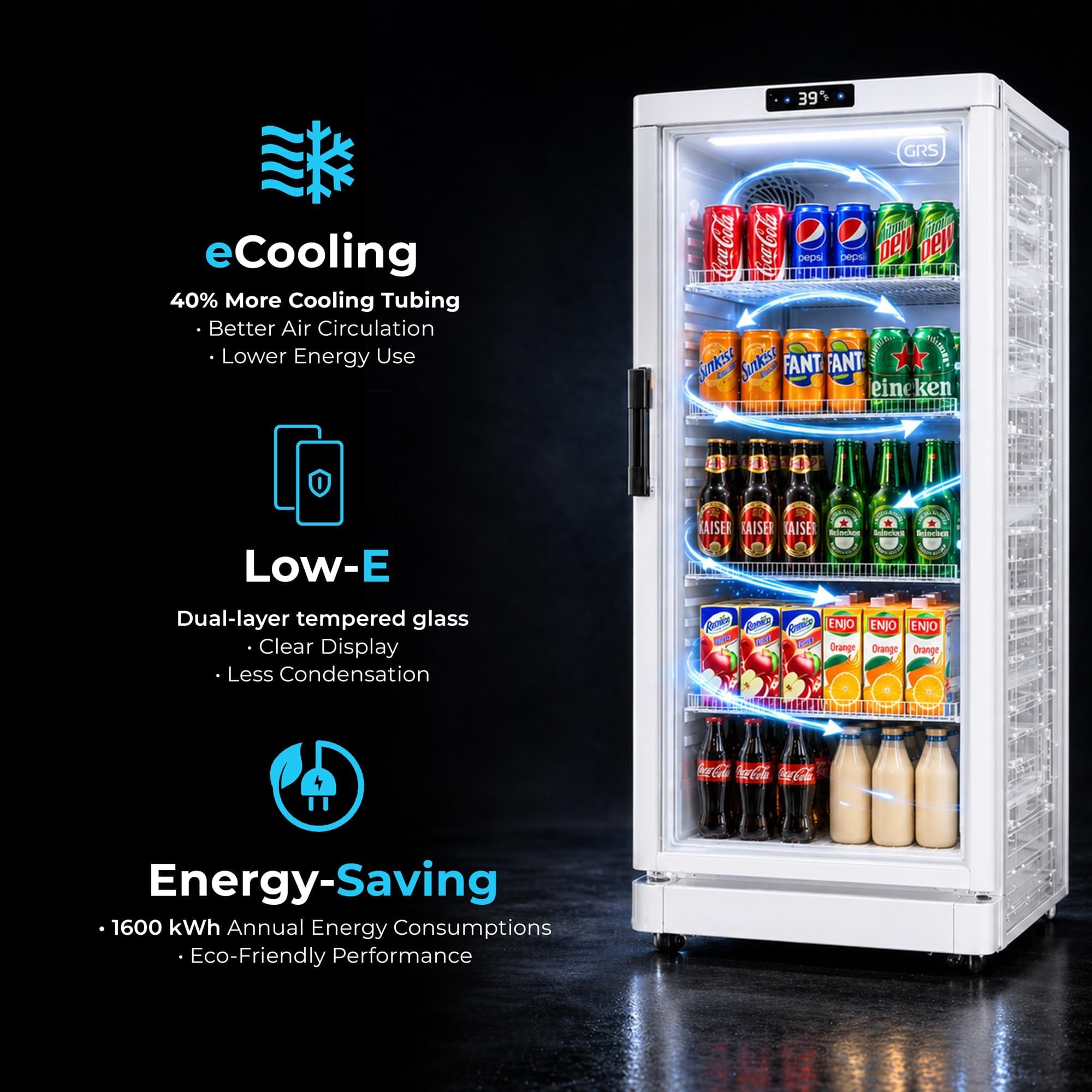 GRS Commercial Display Refrigerator with Glass Door Lock | Cool Air Flow & Temperature | Beverage fridge, Drink and Wine Cooler with Adjustable Display Shelf for Stores and Bars | Black, 7.1 Cu. Ft