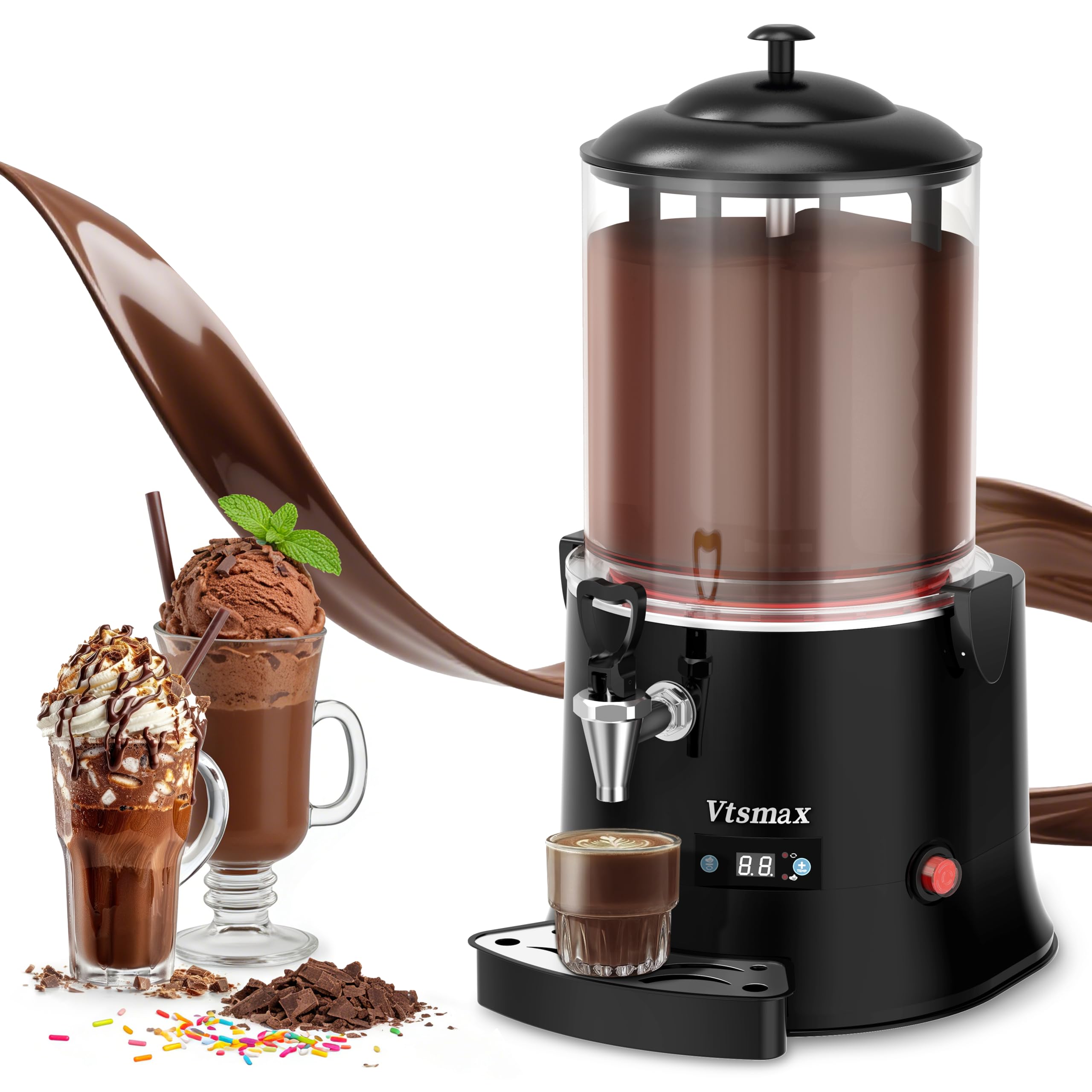 10L/2.6Gal Hot Chocolate Machine, Commercial Hot Drink Dispenser, 86–194°F Temperature Control Beverage Warmer with Stainless Steel Spout, Removable PC Bowl for Cocoa, Milk, Coffee, Red