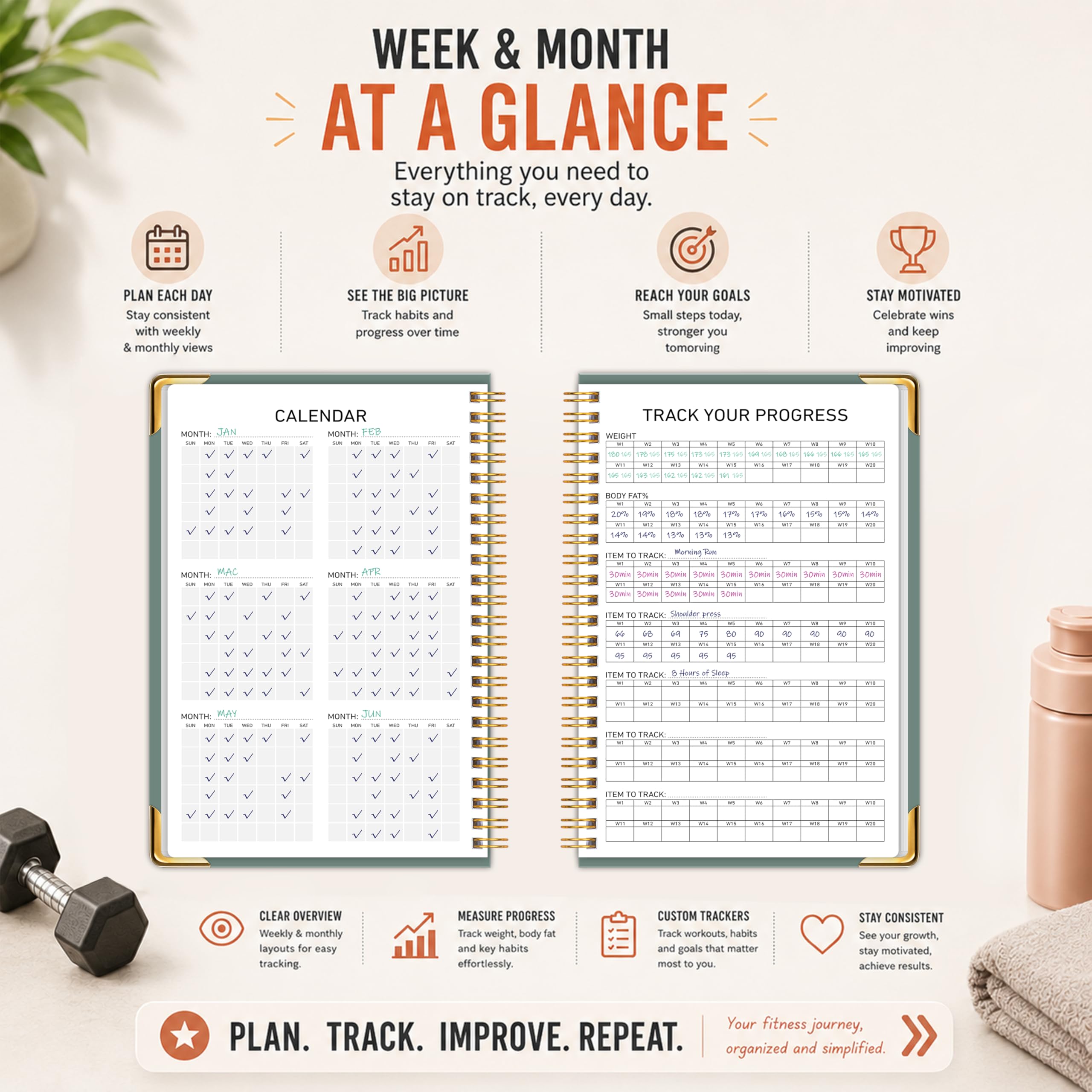 Workout Journal Fitness Tracker Planner for Men & Women, Exercise Log Book to Track Gym & Home Training, Goals, Sets, Reps & Progress, 142 Pages, A5 5.7" x 8.2" Portable Hardcover with Metal Corners, Green