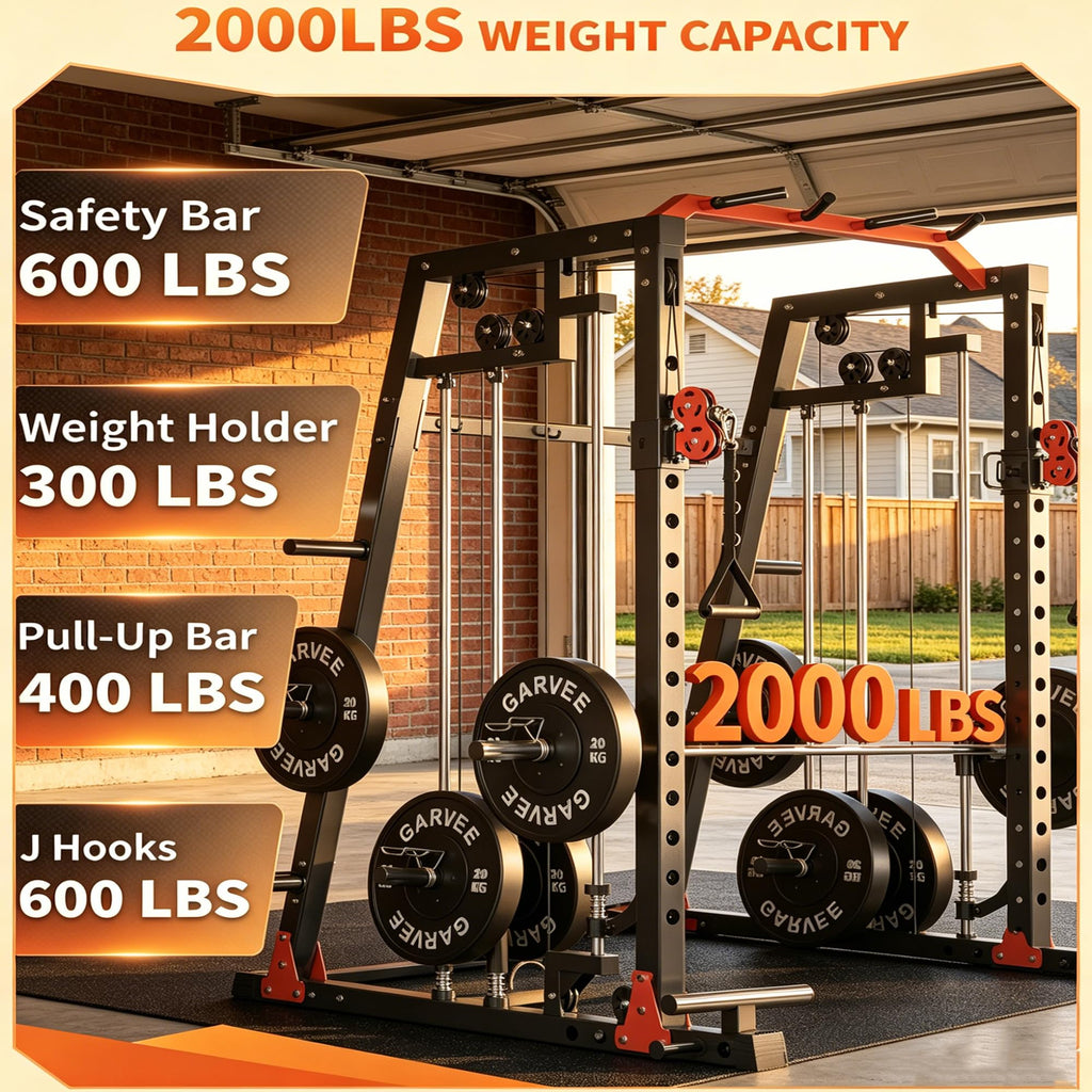 Smith Machine Home Gym, 2200LB Power Cage with Dual Pulley Cable Systems, LAT Pull-Down, Leg Hold-Down & 20+ Attachments for Full Body Workouts