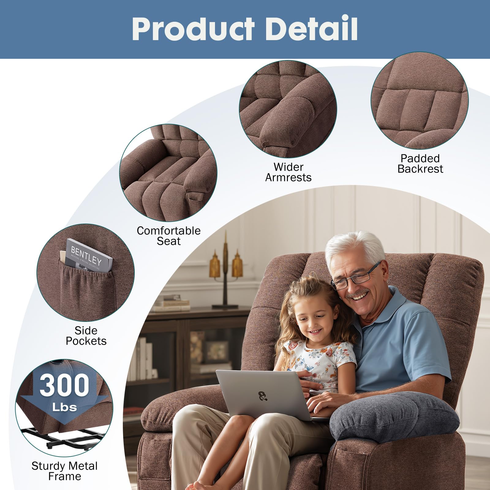DUMOS Rocker Recliner Chair, Swivel Recliner with Vibration Massage & Lumbar Heating, 270° Rotating Chenille Fabric Recliner with footrest for Living Room & Bedroom, Grey