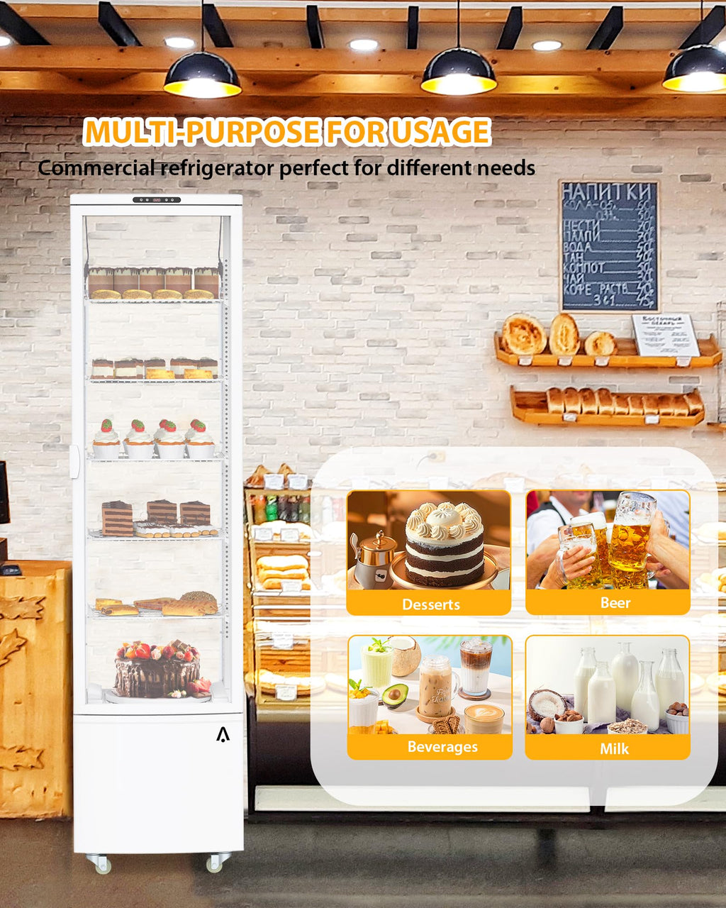Commercial Display Refrigerator, 3.5 cu. ft./98 Liter Countertop Refrigerated Cake Display Cabinet, Refrigerator with Adjustable Shelves and Digital Controls, LED Display, For Cafes, Bakeries, White