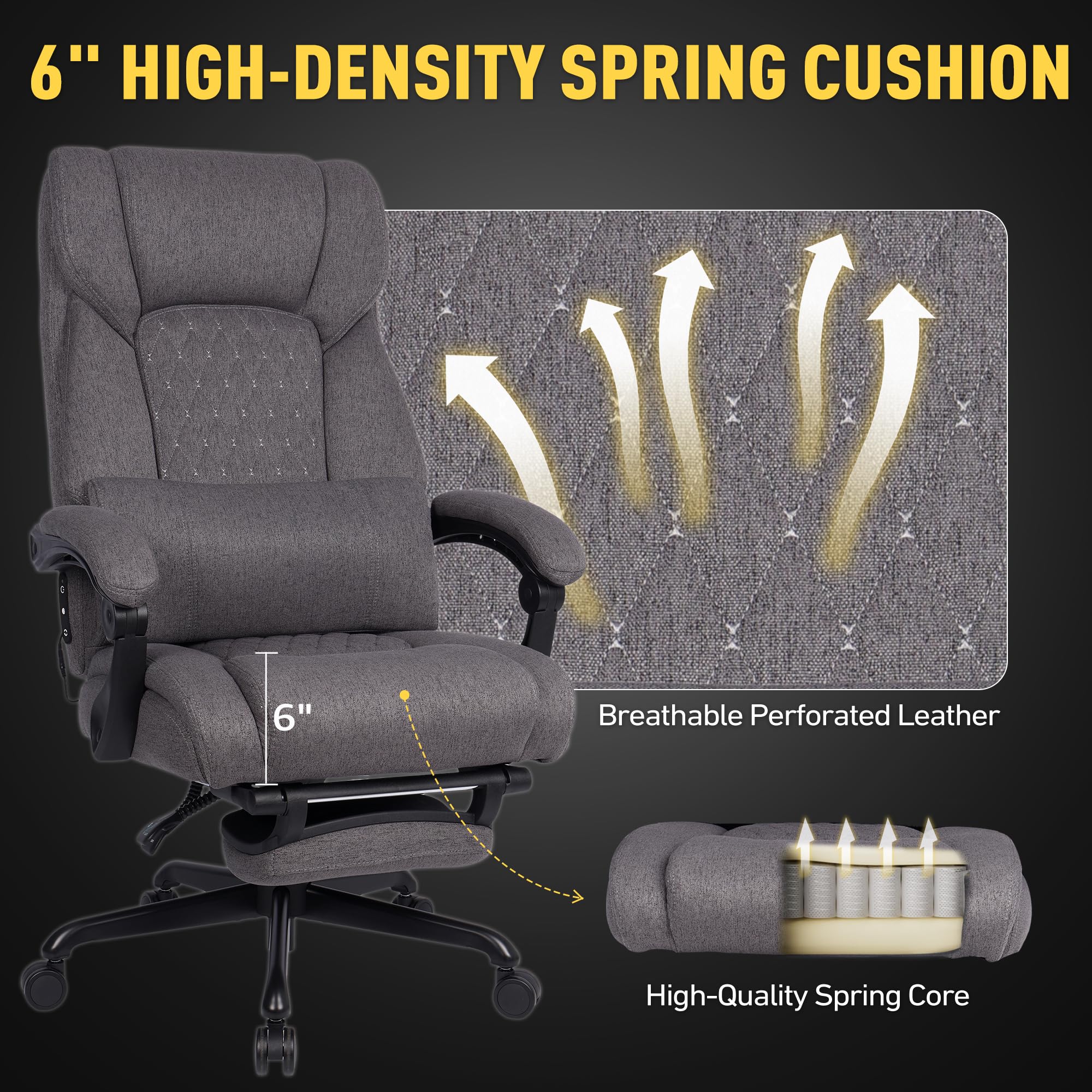 3D Kneading Massage Office Chair with Heat, 500 lbs Big and Tall Executive Computer Desk Recliner, Leather Electric Heated Chair with Footrest, Black