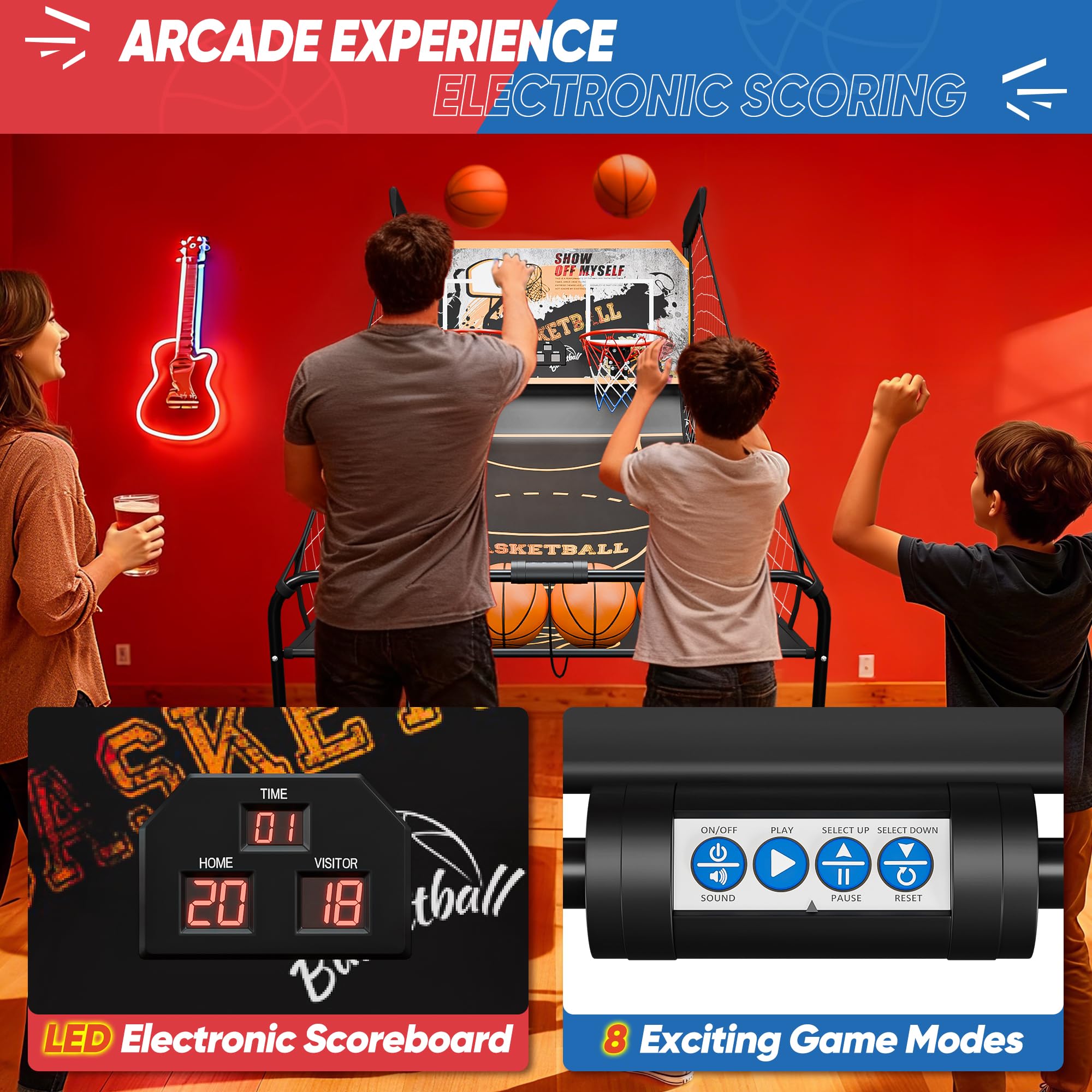 JupiterForce Foldable Indoor Basketball Arcade Game, Electronic Dual Shot Basketball Hoop Arcade Game Machine with 4 Balls and LED Scoring for 2 Players Home Play, Adults
