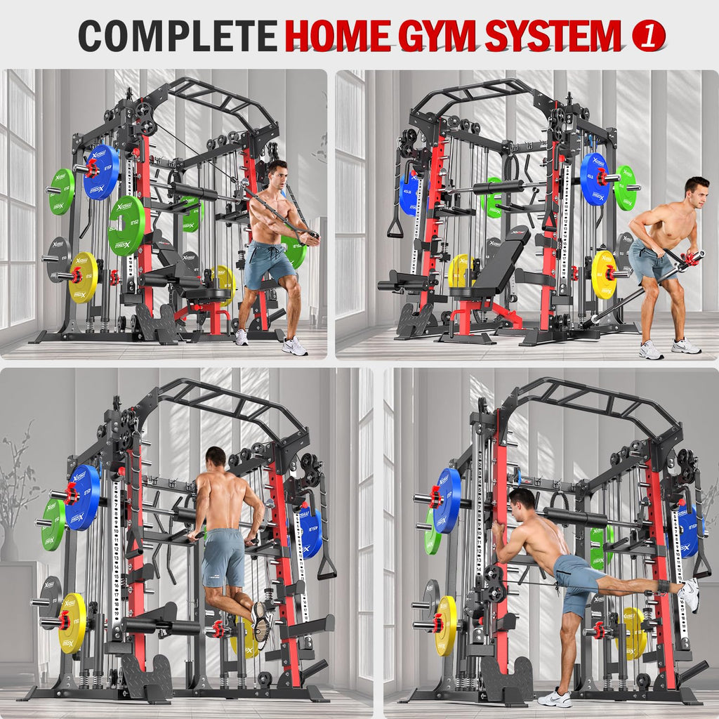 Smith Machine with Cable Crossover System, Multi-Function Squat Rack Power Cage for Home Gym, Power Rack and Packages Weight Sets