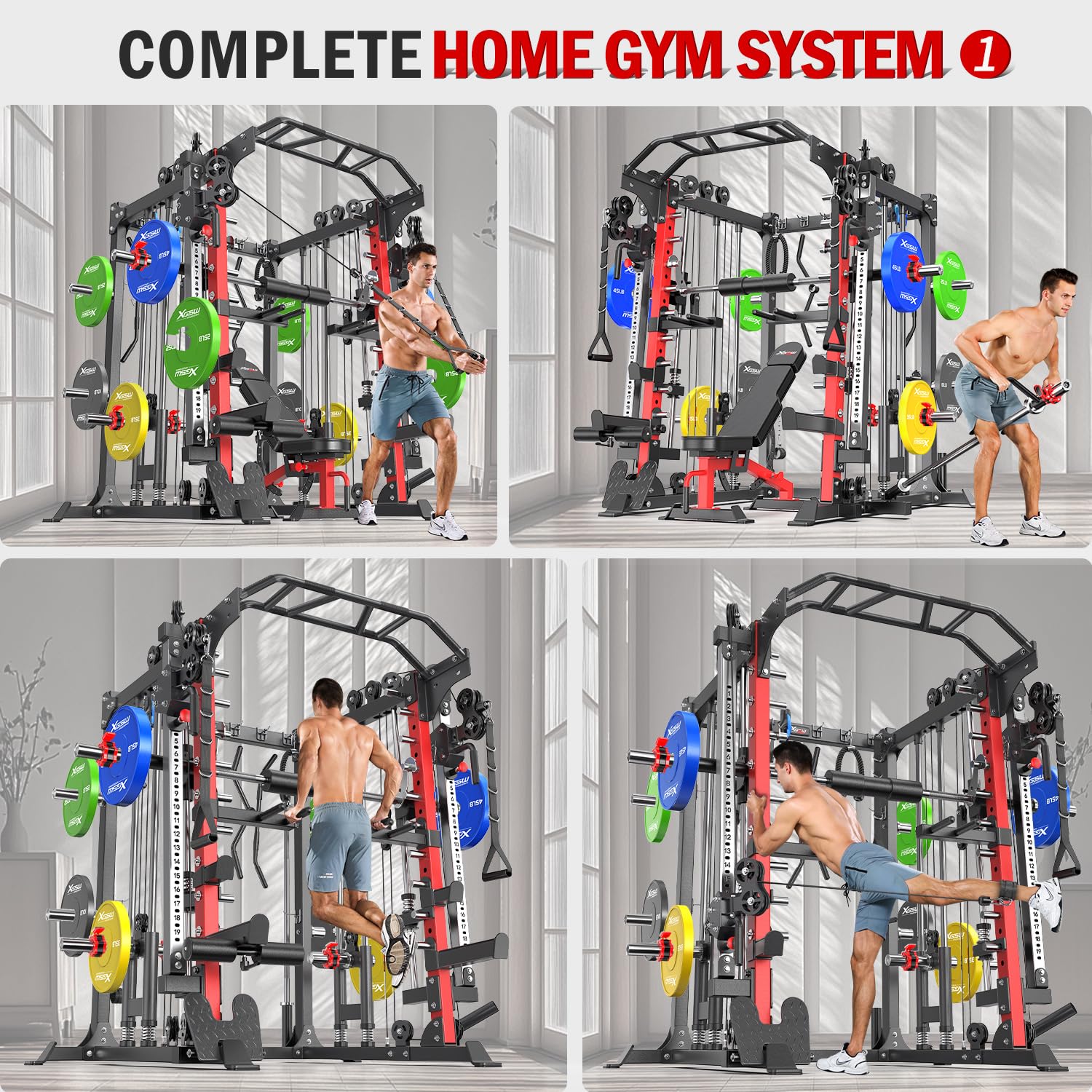 Smith Machine with Cable Crossover System, Multi-Function Squat Rack Power Cage for Home Gym, Power Rack and Packages Weight Sets
