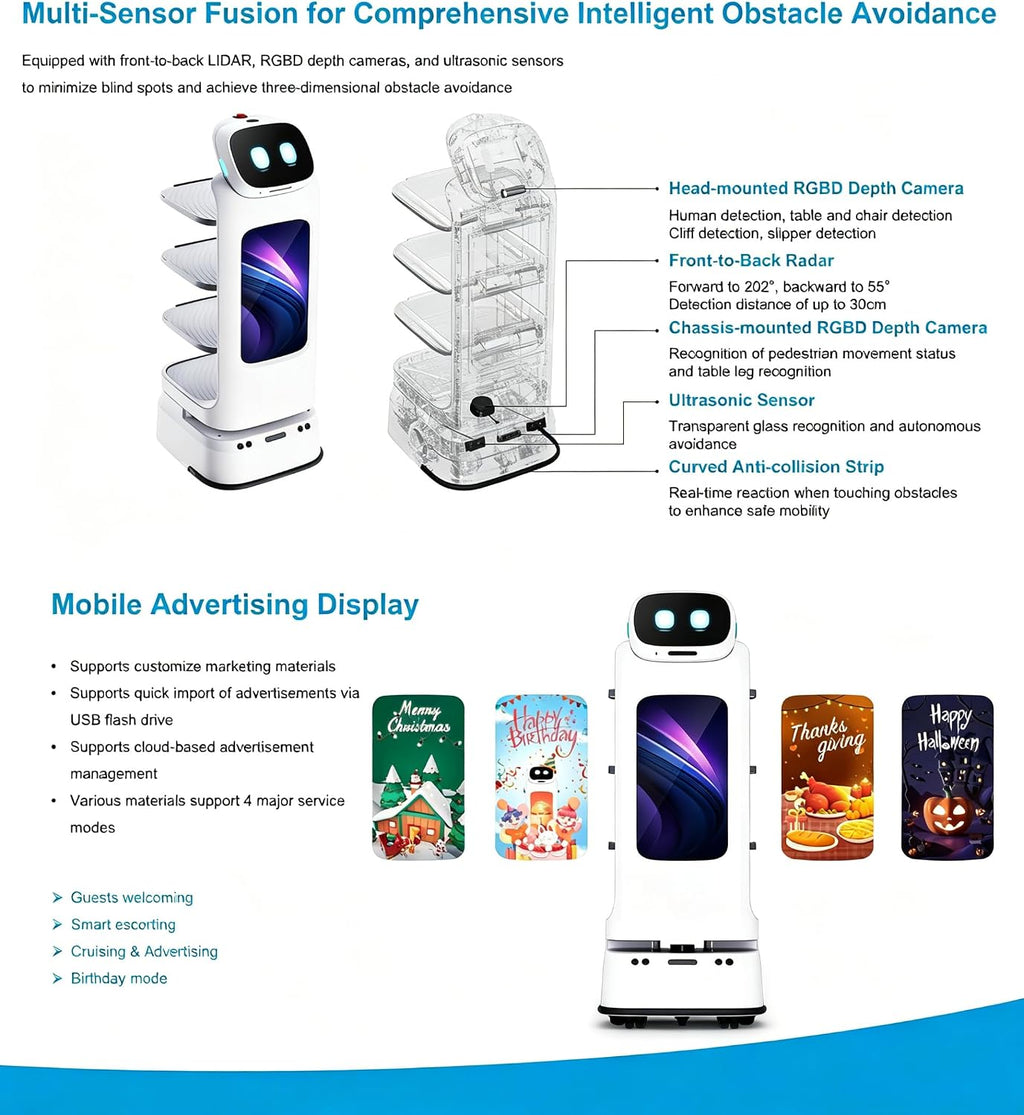 Food Delivery Robot, Autonomous Restaurant Robot Waiter with Smart Navigation Obstacle Avoidance, Commercial Multi Tray Serving Robots for Restaurant Hotel Hospital