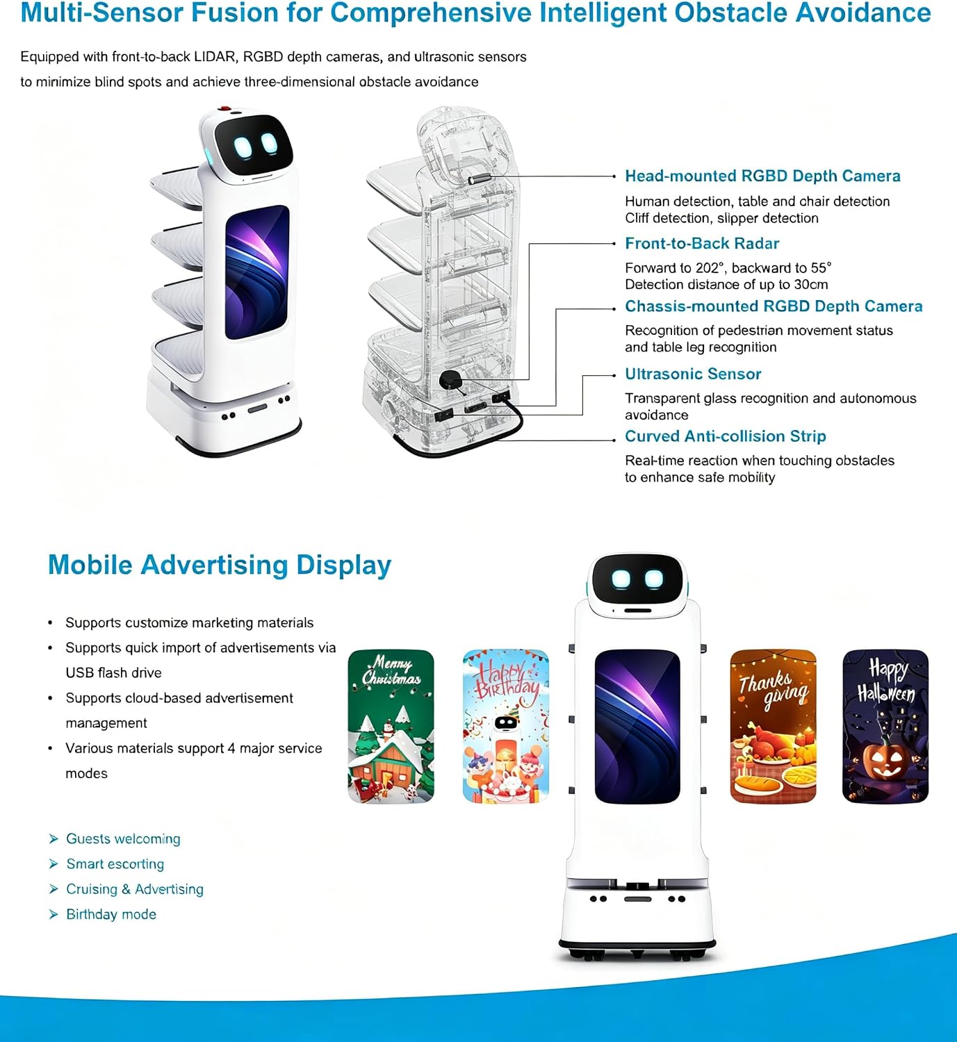 Commercial Smart Food Delivery Robot, Restaurant Service Robot Waiter with Multi Layer Trays, Autonomous Mobile Robot for Food Serving, Hotel Service, Hospital Delivery