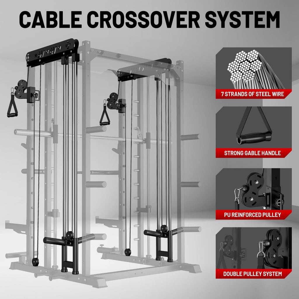 JELENS Smith Machine for Home Gym, Multi-Function M12 Power Cage with Cable Crossover System, Squat Rack with Smith Bar and More Attachment