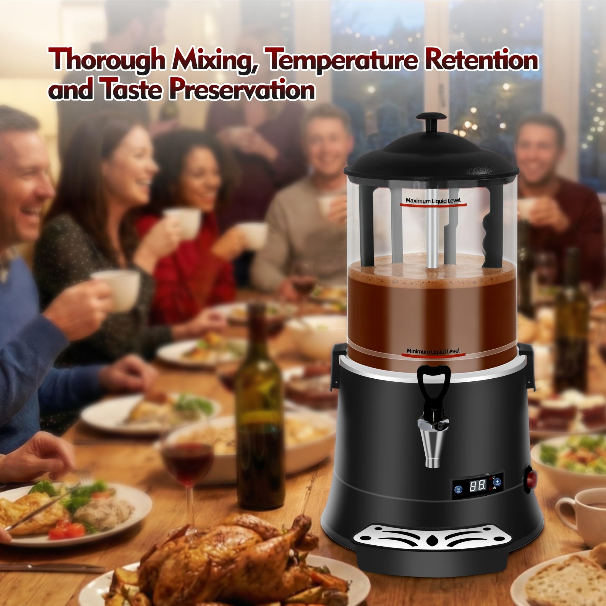 10L Commercial Hot Chocolate Machine & Beverage Dispenser, 110V Chocolatera with 86–194°F Adjustable Temperature Control, Removable PC Bowl for Cocoa