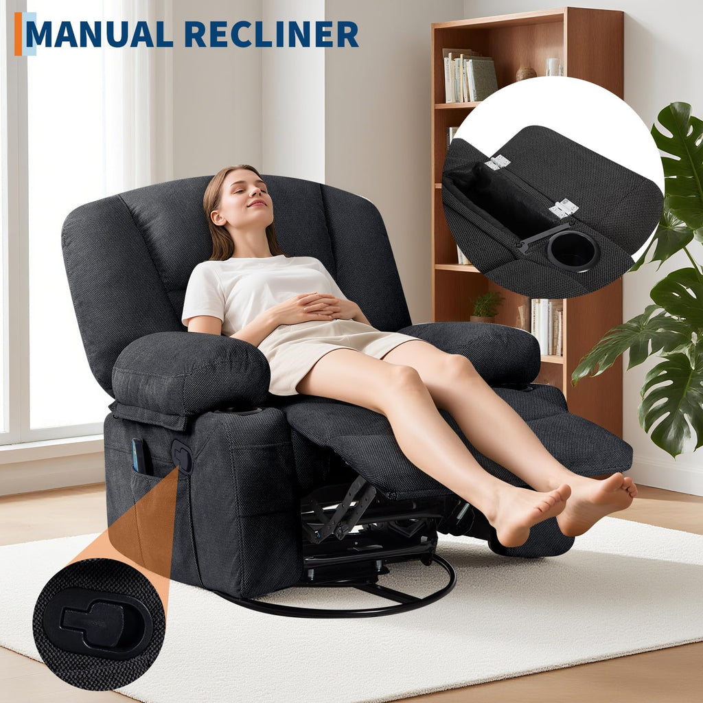 Oversized Wide Recliner Chair with Vibration Massage and Heat, 360° Swivel Recliner Glider for Adults,Chenille Fabric Manual Reclining Single Sofa with Cup Holders & Side Pockets for Living Room,White