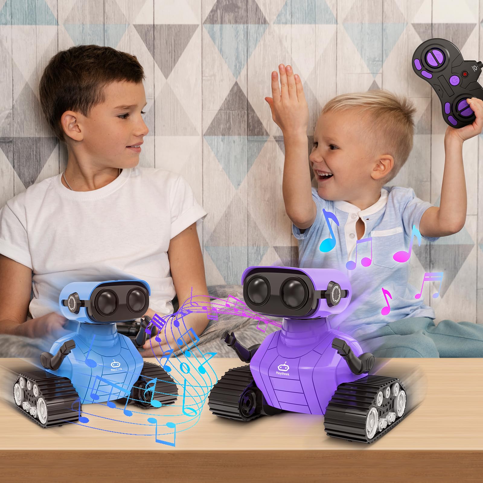 Playsheek Rechargeable Emo Robot with Auto-Demonstration - Remote Control Smart Robot Toy Gift for Kids Age 3+ - Purple